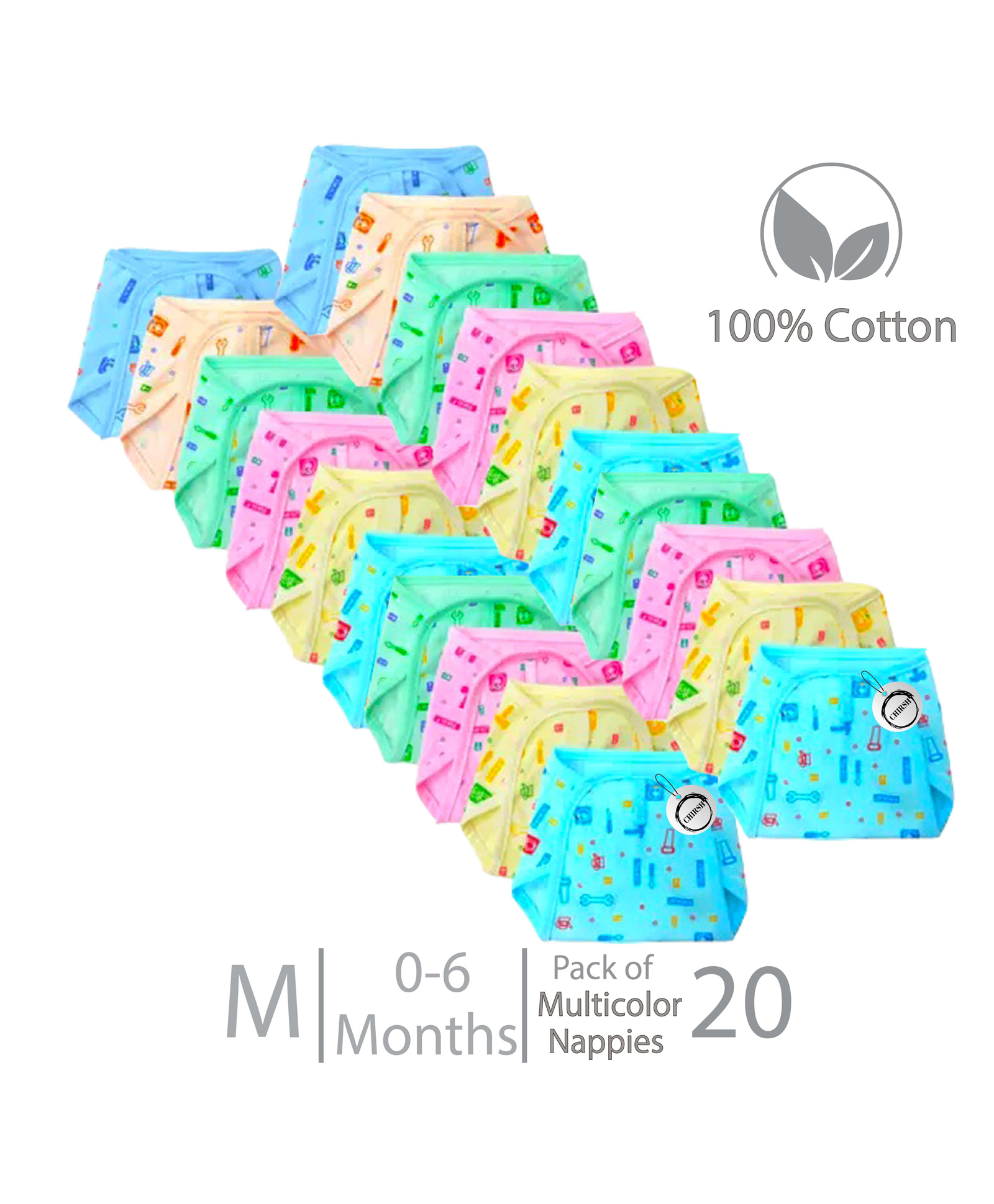 Chirsh Baby Boys & Baby Girls Cotton Cloth Diapers/Nappies Classic Langots Washable Cloth Nappy With String (0-6 Months, Pack Of 20) Medium- Multi Color-image-32