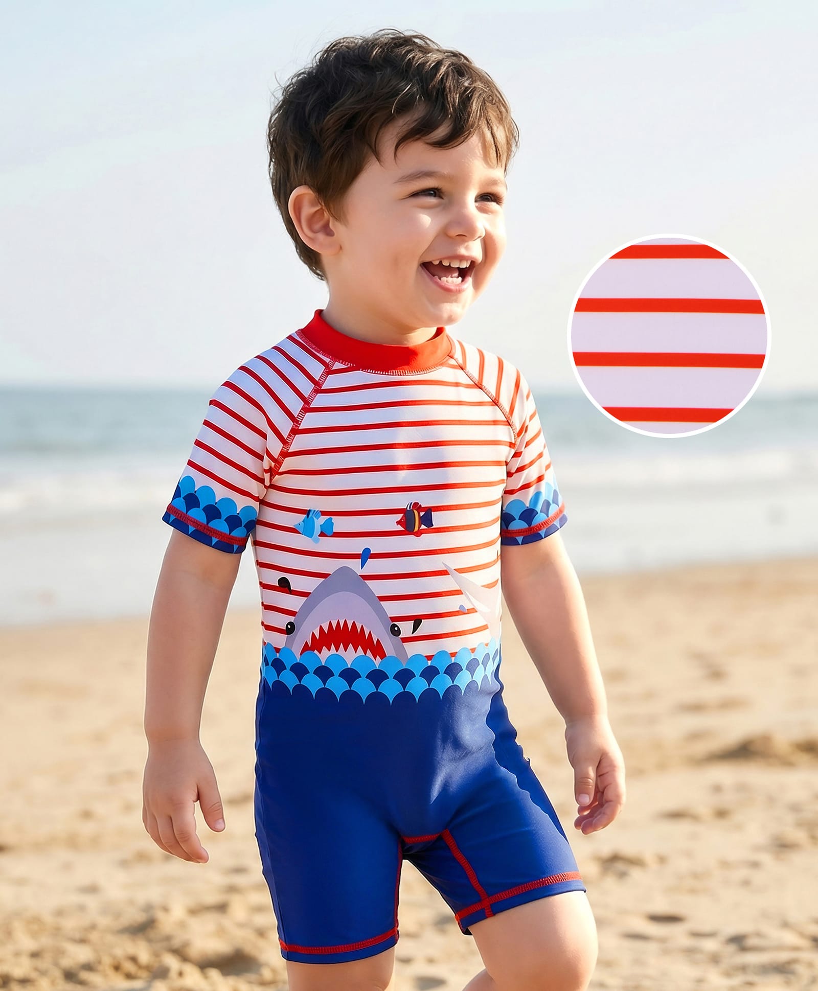Mark & Mia Half Raglan Sleeves Legged Swimsuit with Shark Print -Blue & Red