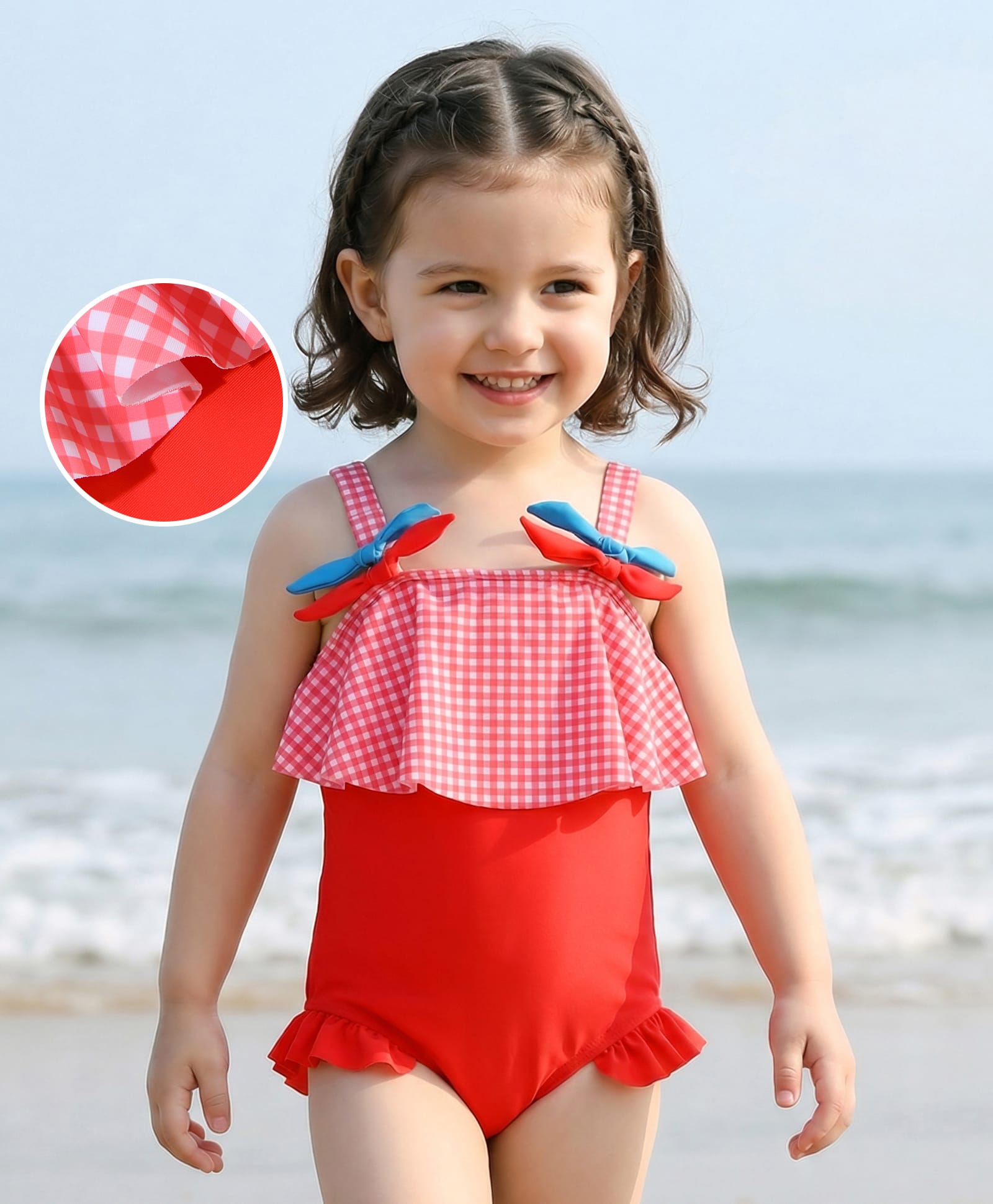 Mark & Mia Singlet Sleeves Checkered V Cut Swimsuit with Bow Applique - Red-image-7