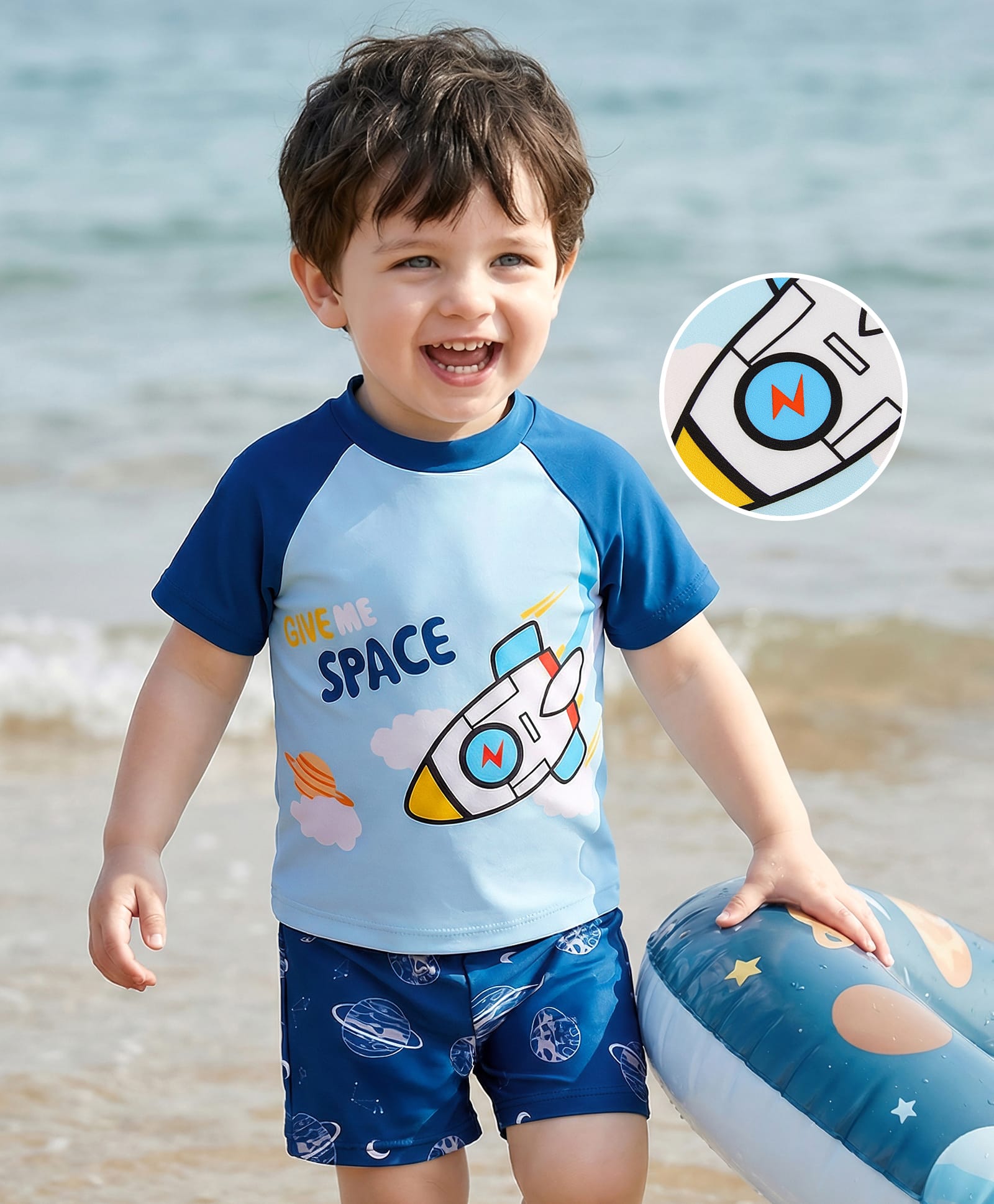 Mark & Mia Half Raglan Sleeves Two Piece Swimsuit with Space Theme Print - Blue