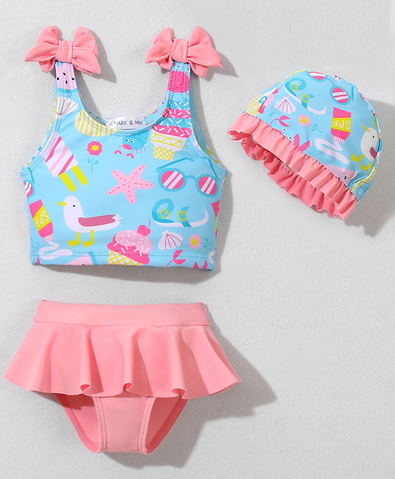 Mark & Mia Sleeveless Beach Theme Printed Two Piece Swimsuit with Cap & Bow Applique - Light Blue-image-41