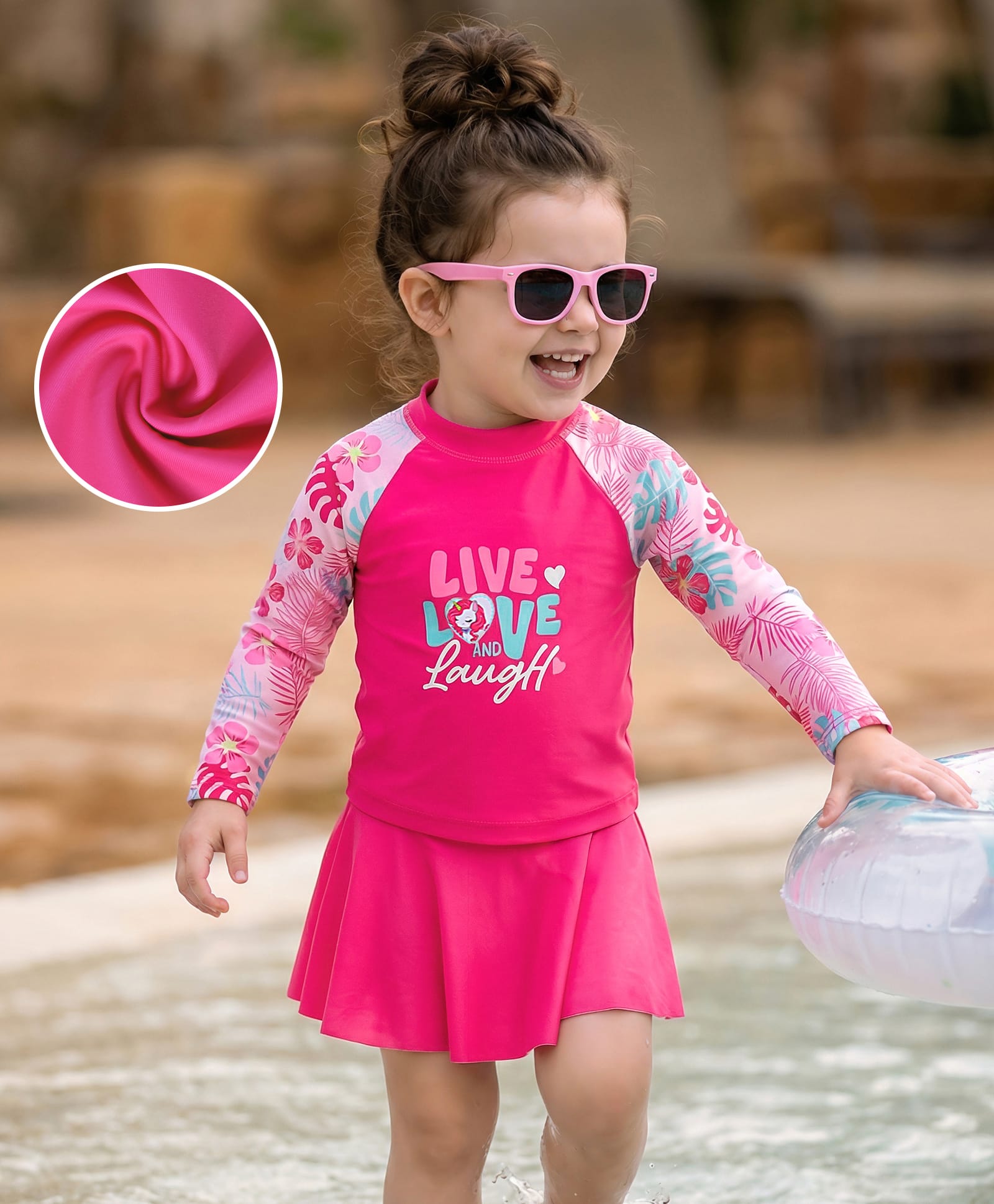 Mark & Mia Full Raglan Sleeves Two Piece Swimsuit with Floral Print - Dark Pink