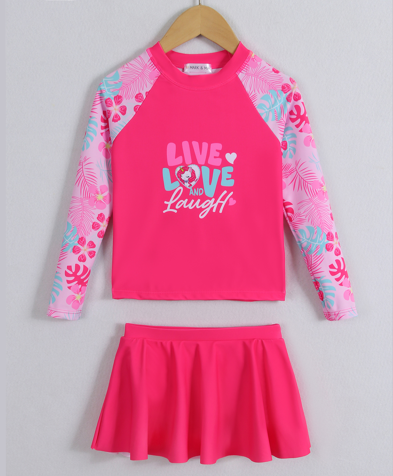 Mark & Mia Full Raglan Sleeves Two Piece Swimsuit with Floral Print - Dark Pink