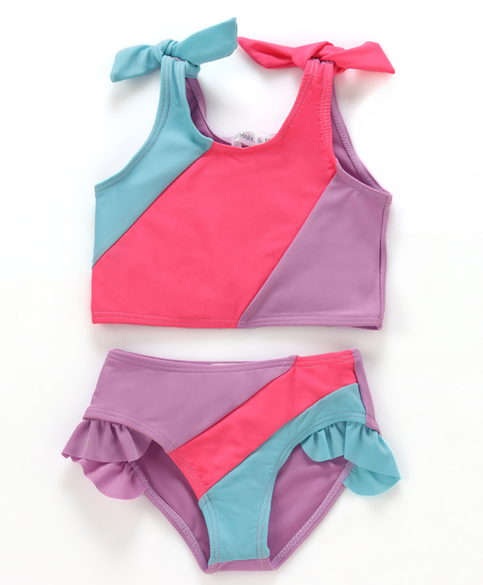 Mark & Mia Sleeveless Cut & Sew Designed Two Piece Swimsuit with Bow Detailing - Pink Lilac & Blue-image-43