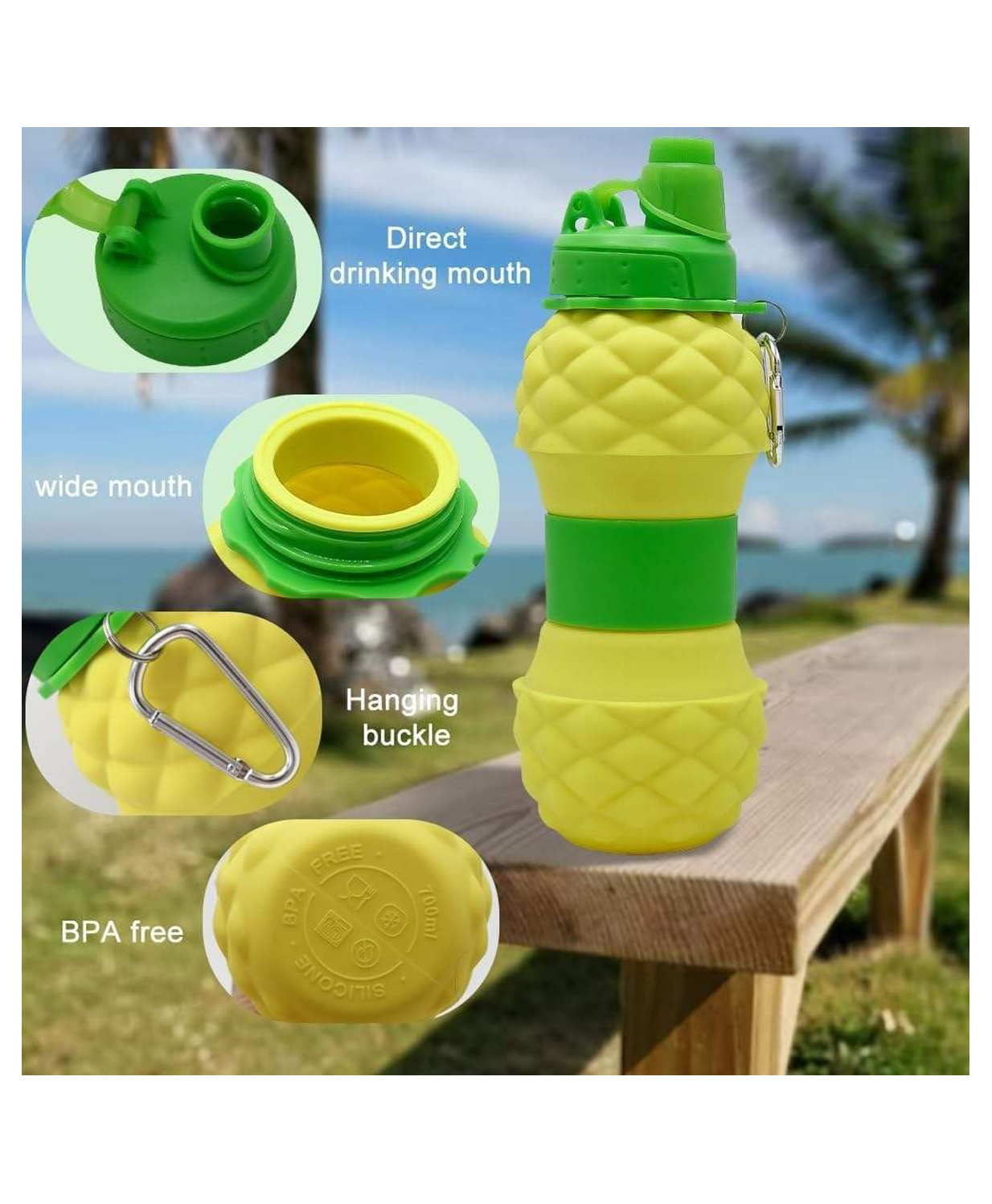 AKN TOYS Folding 600 ml Silicone Collapsible Water Bottle Cute Design for Children, Silicone Sports Water Bottle for Outdoor Sports Water Bottle (Pineapple)-image-5