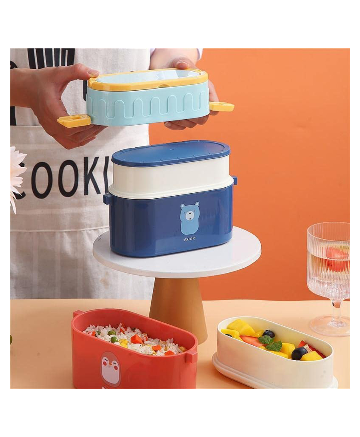 AKN TOYS Double Decker Lunch Box with Plastic Spoon & Handle , Tiffin Box for Women and Men Office, Kids to School Full Meal, Easy to Carry, 950 ml Multicolor-picture-4