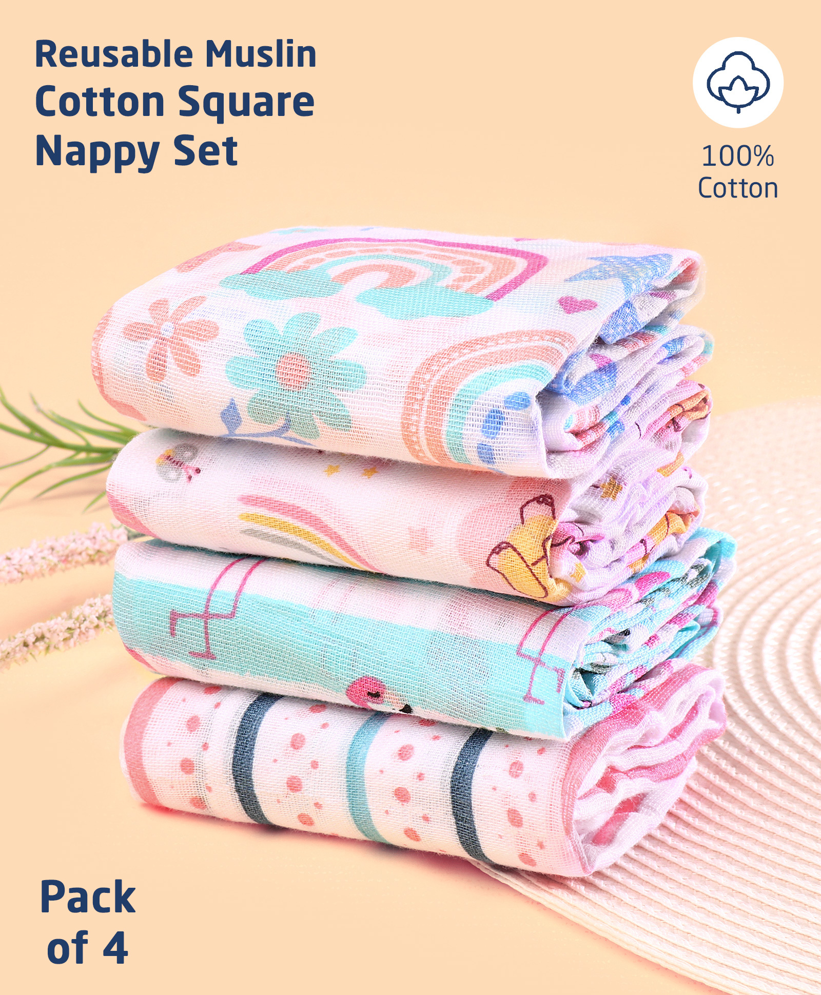 ZOE Printed Reusable Muslin Cotton Square Nappy Set Pack of 4 - Multicolor-picture-2