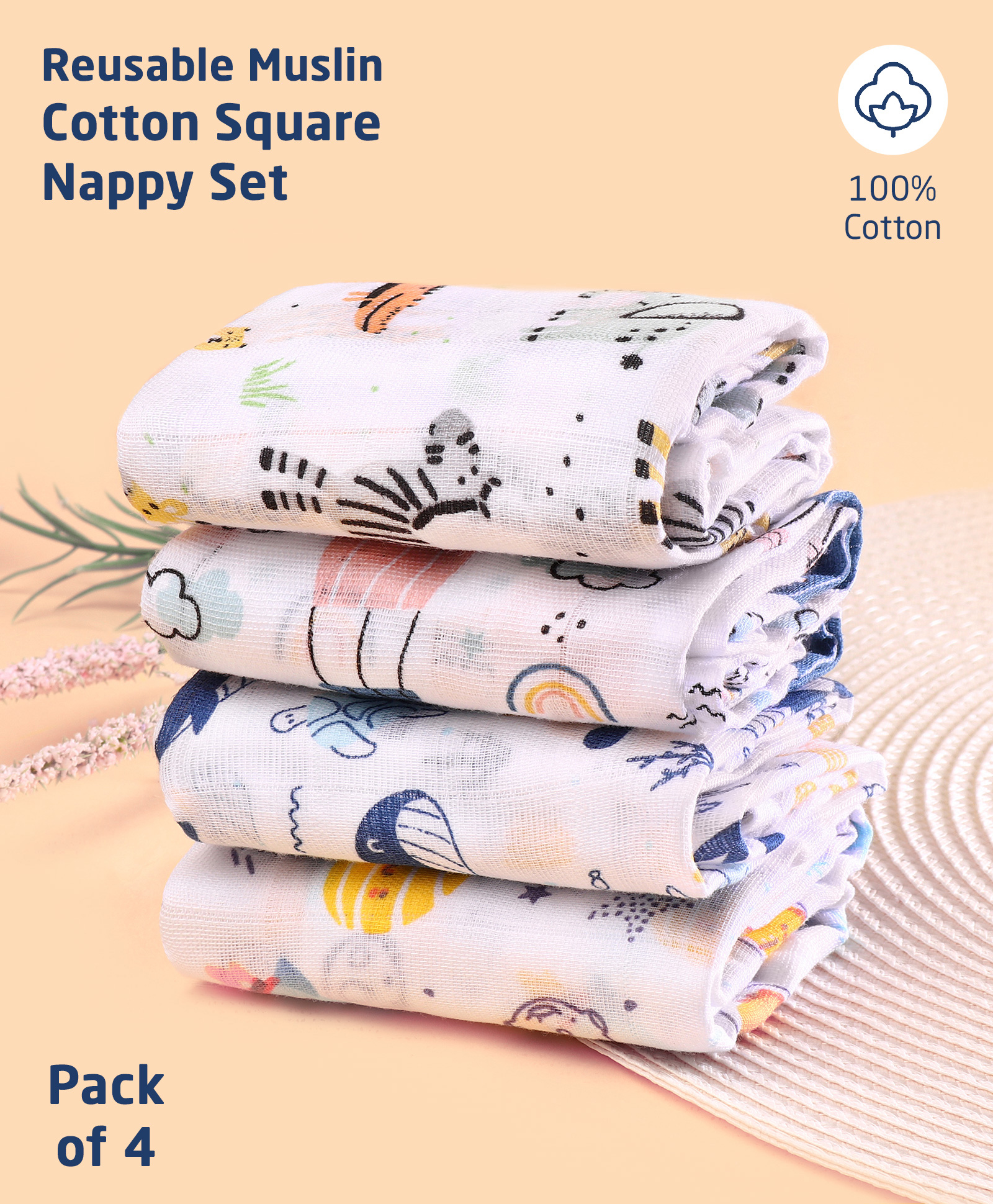 ZOE Printed Reusable Muslin Cotton Square Nappy Set Pack of 4 - Multicolor-picture-4