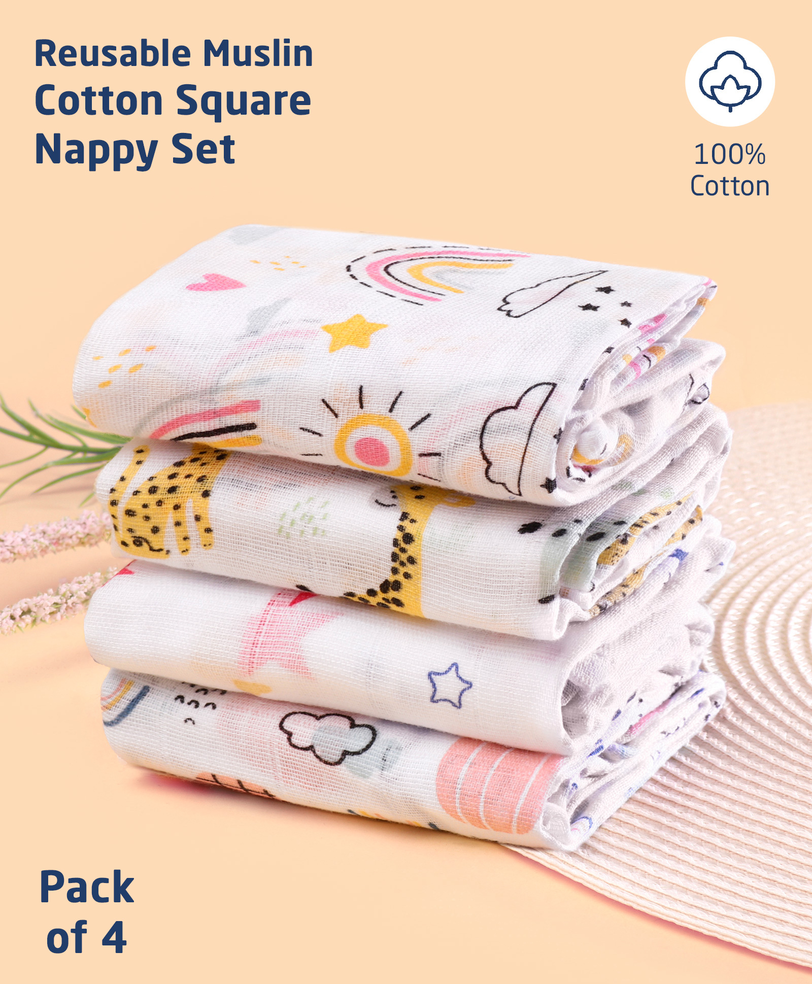 ZOE Printed Reusable Muslin Cotton Square Nappy Set Pack of 4 - Multicolor-picture-3