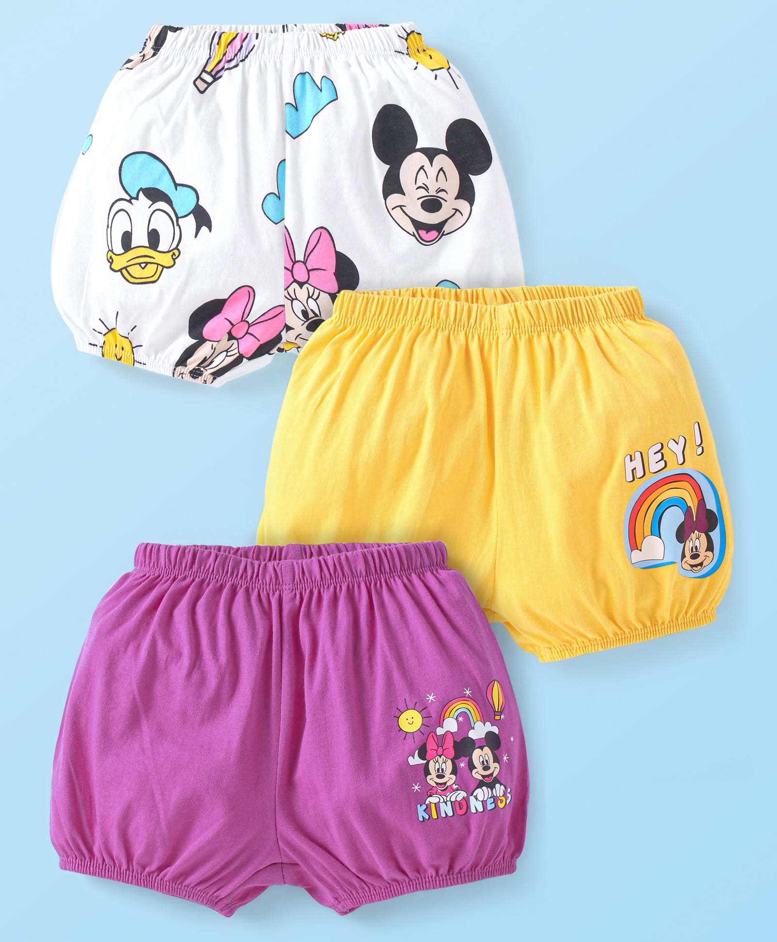 Babyhug Disney Lycra Knit Bloomers With Minnie & Friends Graphics Pack of 3 - White Yellow & Purple-image-43