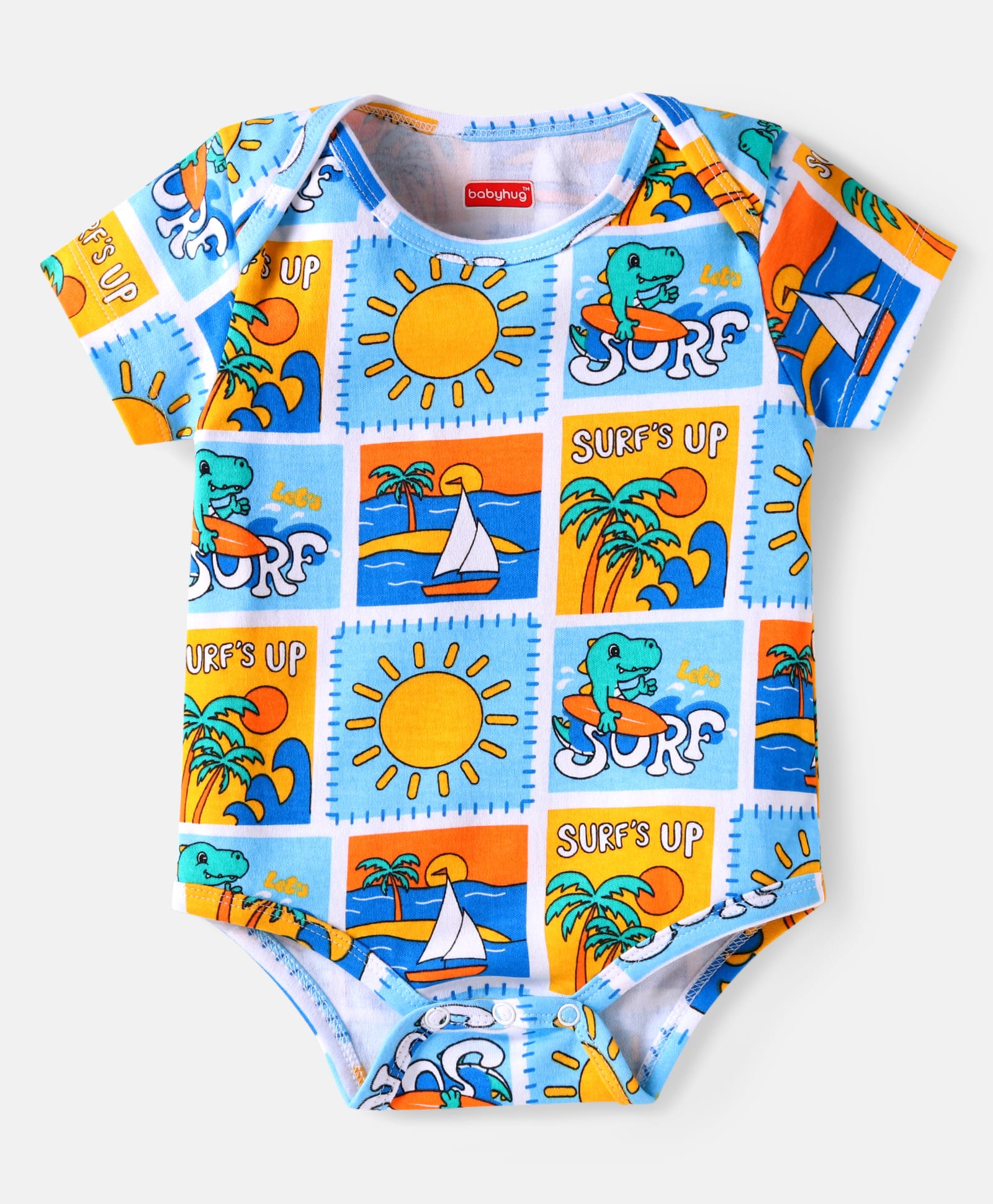 Babyhug Interlock Knit Full Sleeves Onesie With Dino & Beach Theme Print - Light Blue-picture-31