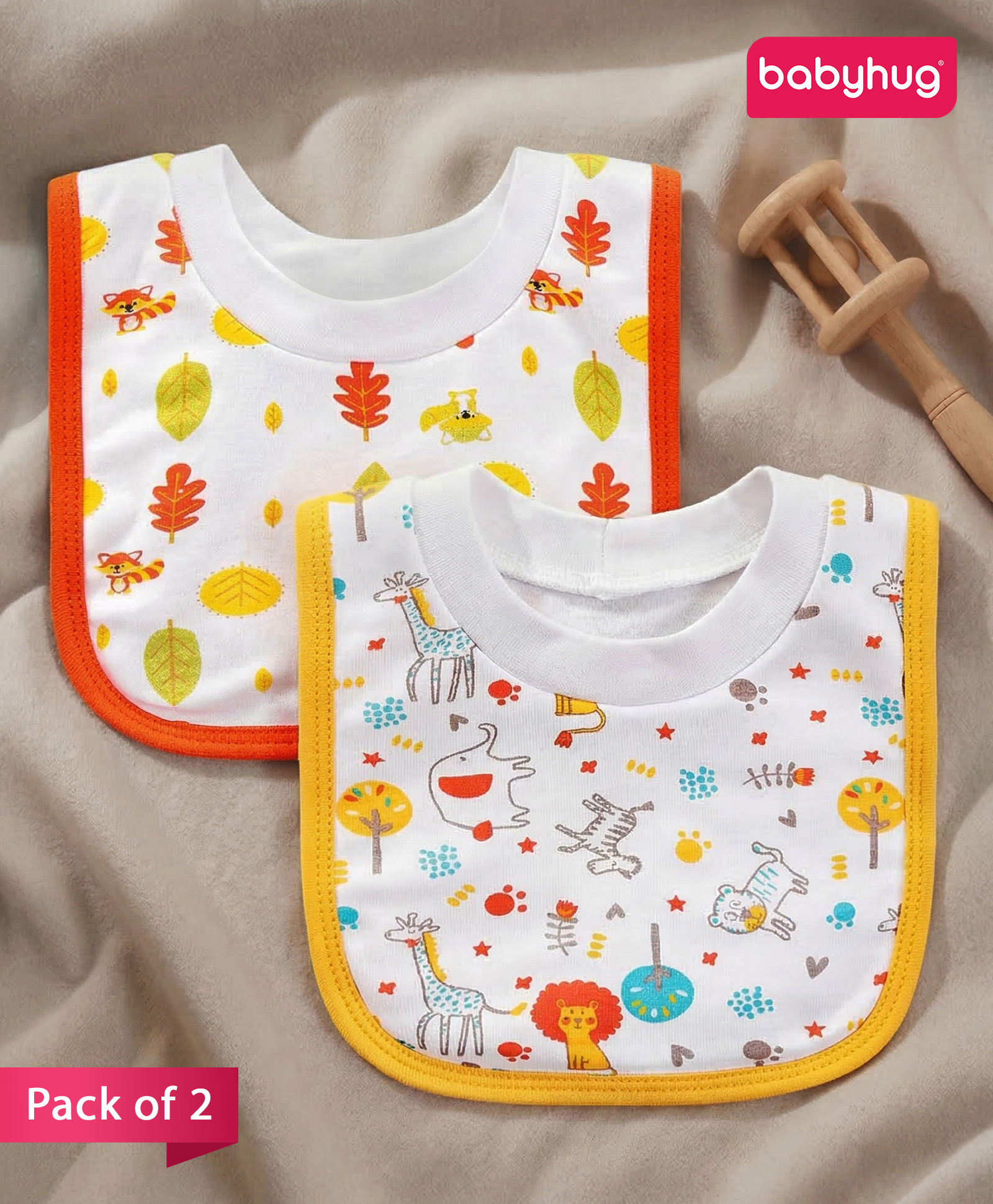 Babyhug 100 % Cotton Pullover Bibs Lion & RacoonPrint Pack of 2 - Red & Yellow-image-3