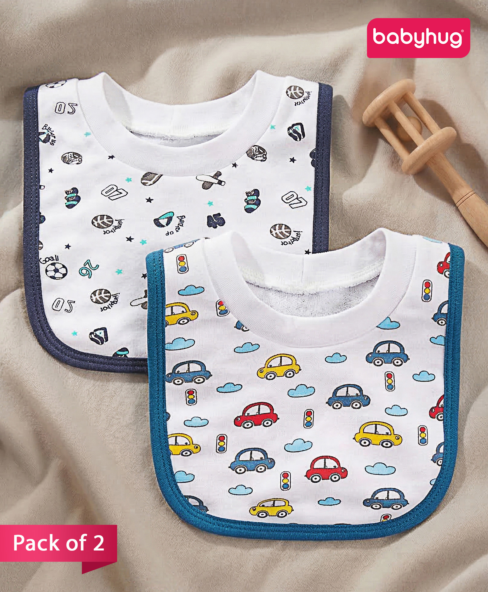 Babyhug 100 % Cotton Pullover Bibs Car & Sports Print Pack of 2 - Blue & Black-image-44