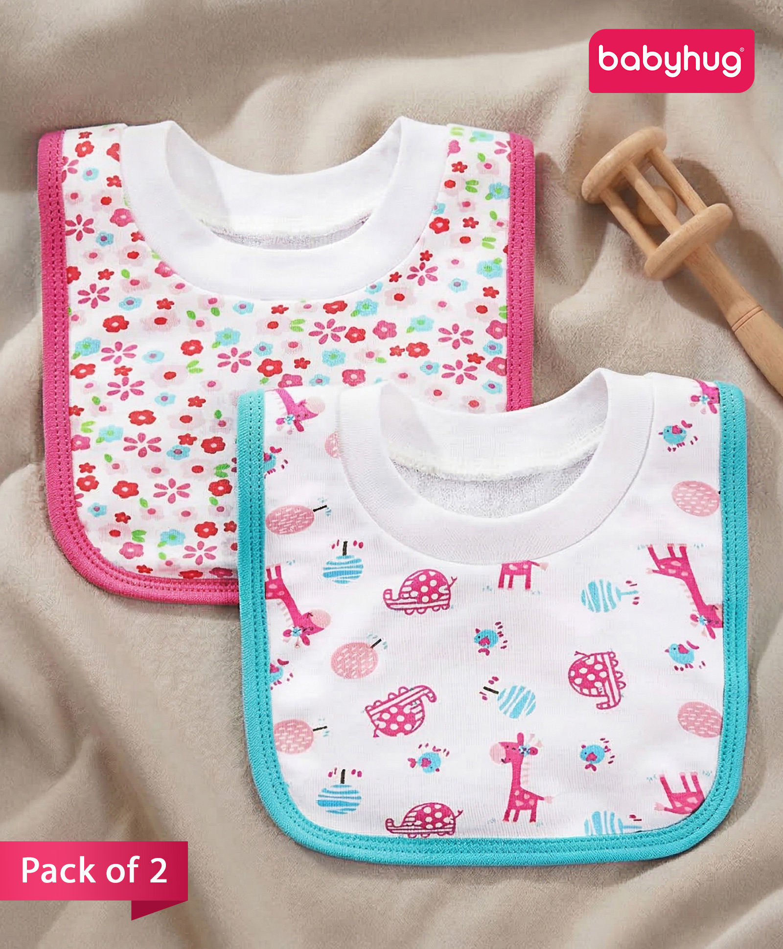 Babyhug 100 % Cotton Pullover Bibs Giraffe & Floral Theme Print Set of 2 - Pink & Blue-image-6