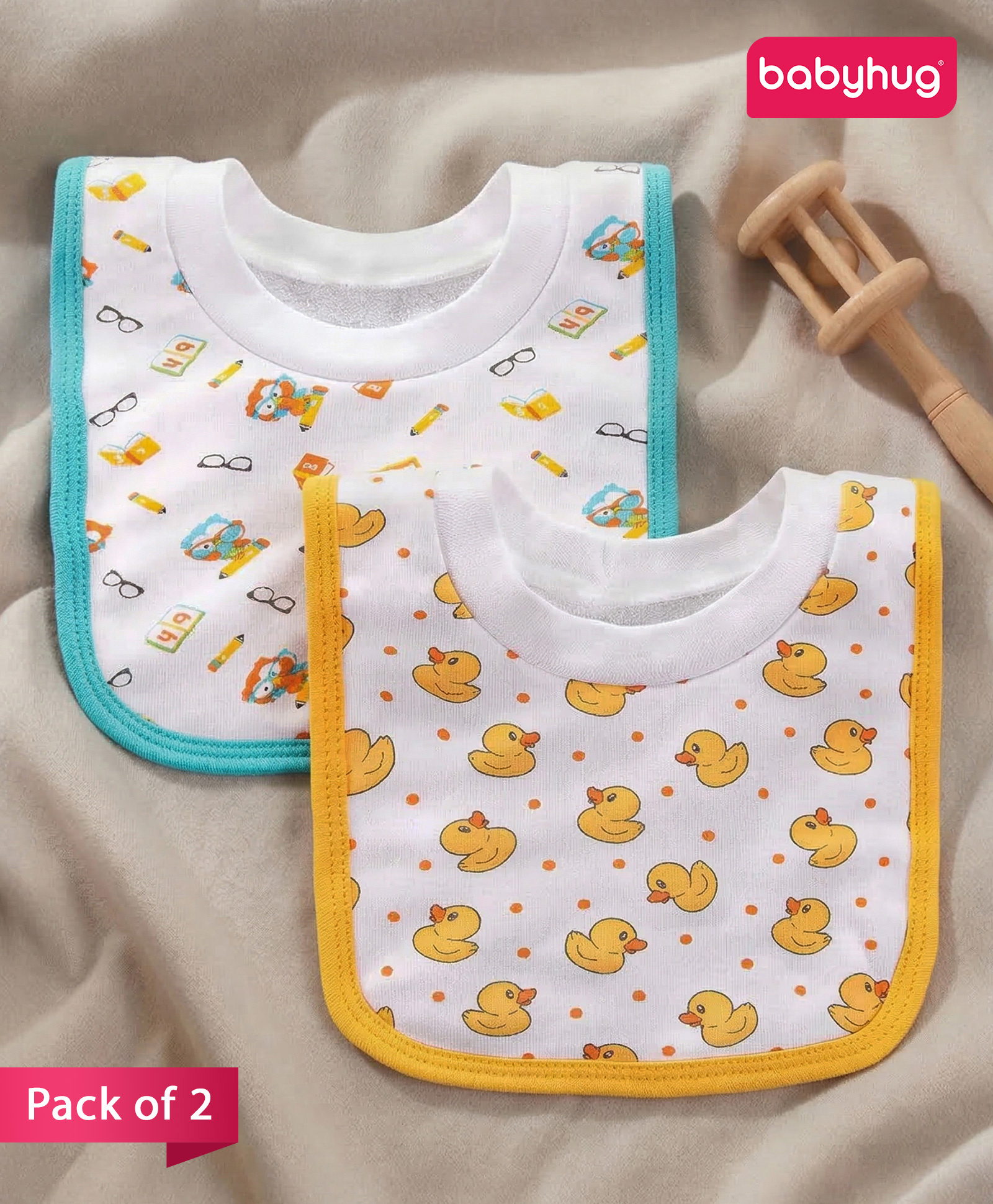 Babyhug 100 % Cotton Pullover Bibs DuckPrint Set of 2 - Blue & Yellow-image-43