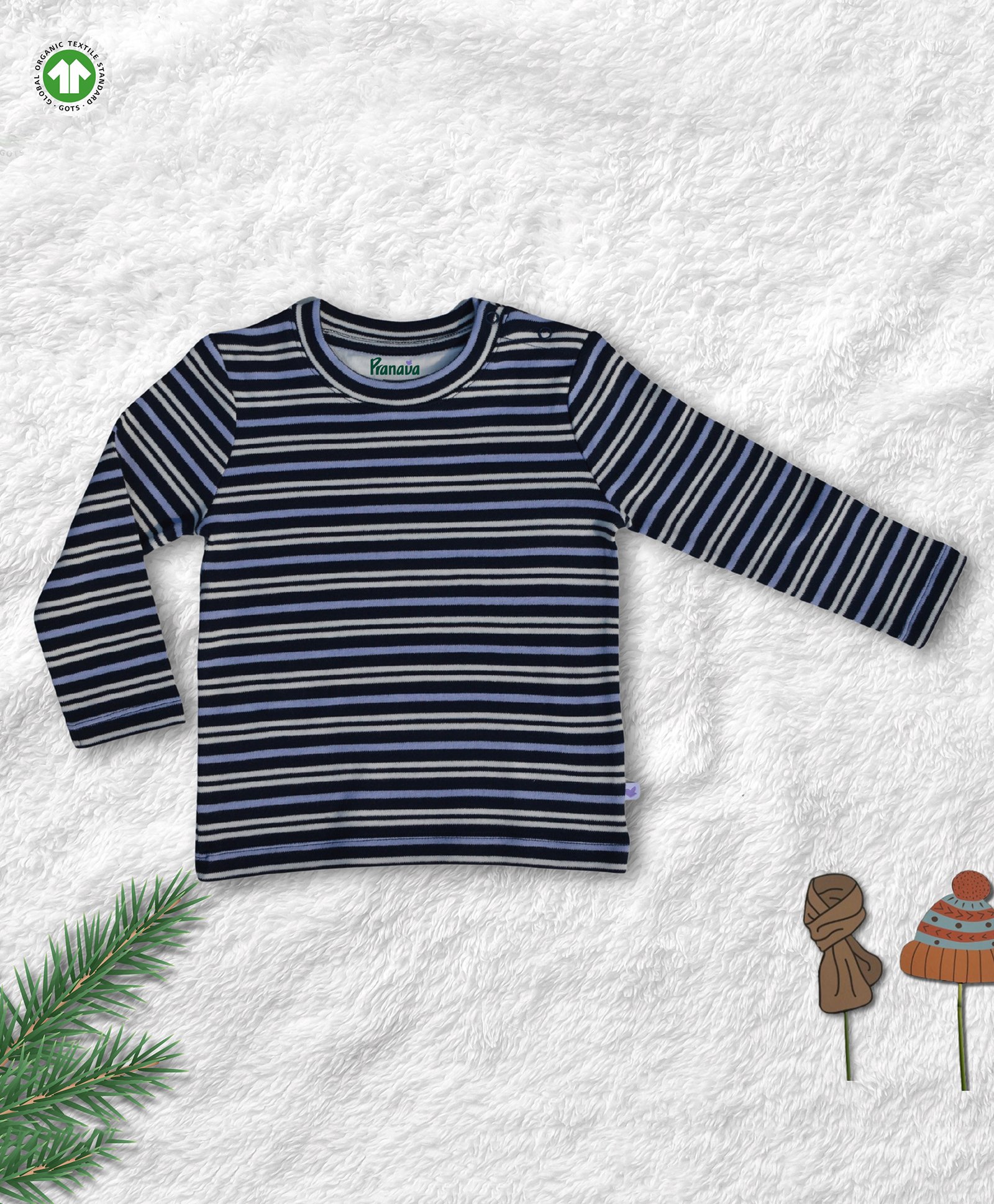 Pranava 100% Organic Cotton Full Sleeves Striped Tee - Blue Black & White-picture-12
