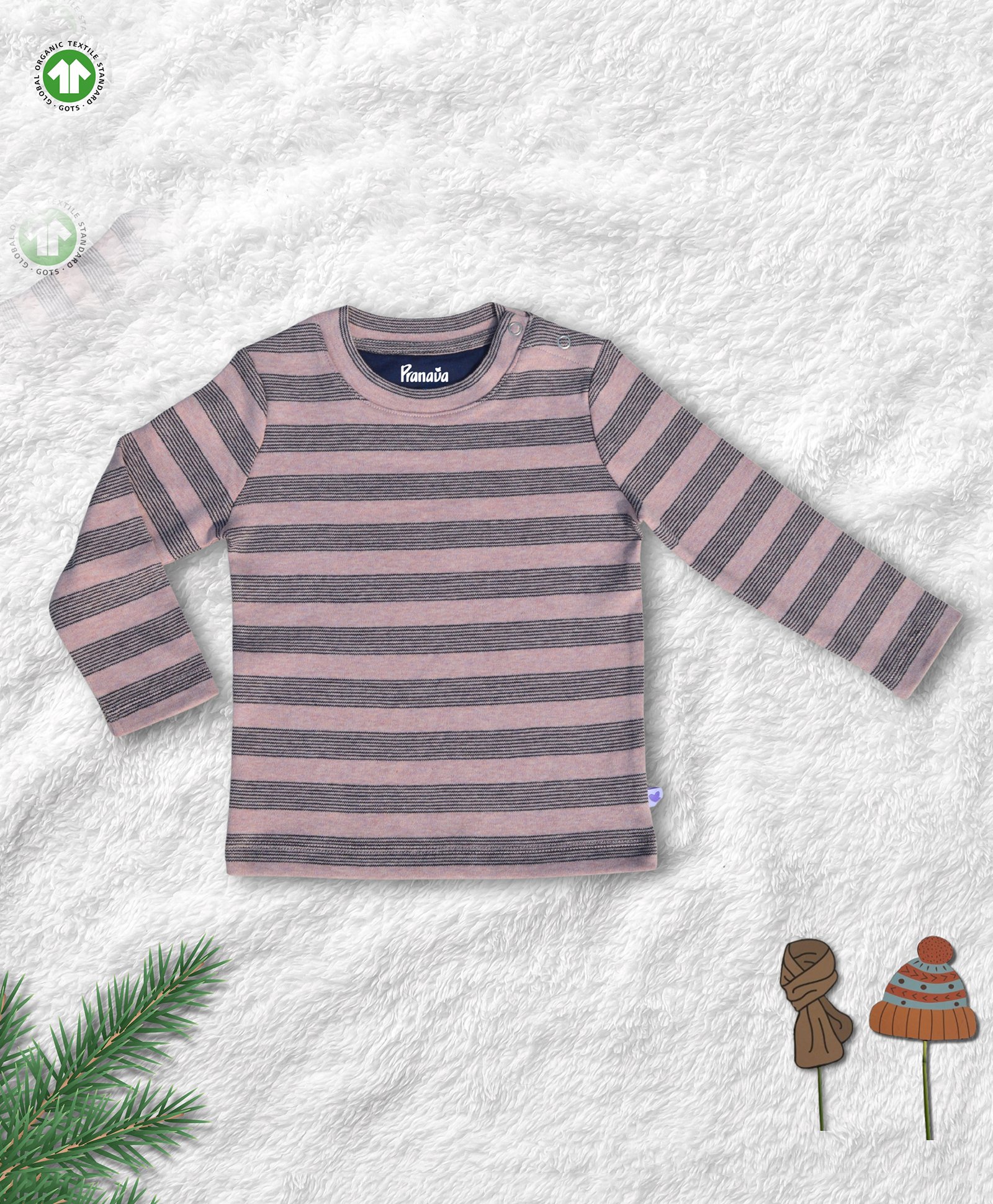 Pranava 100% Organic Cotton Full Sleeves Striped Tee - Pink & Black-image-29