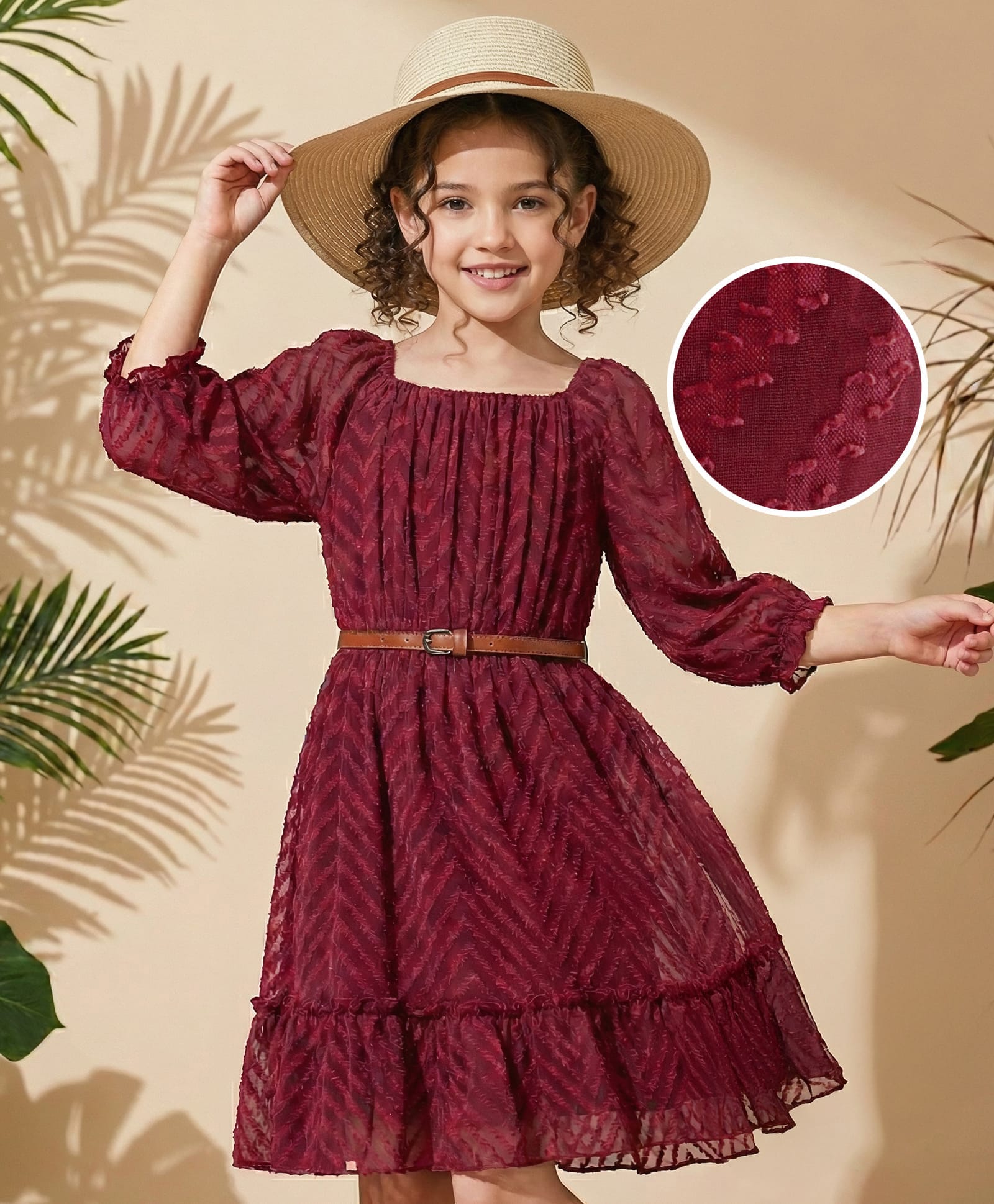 Hola Bonita Woven Three Fourth Sleeves Textured Design Dress - Red-image-5