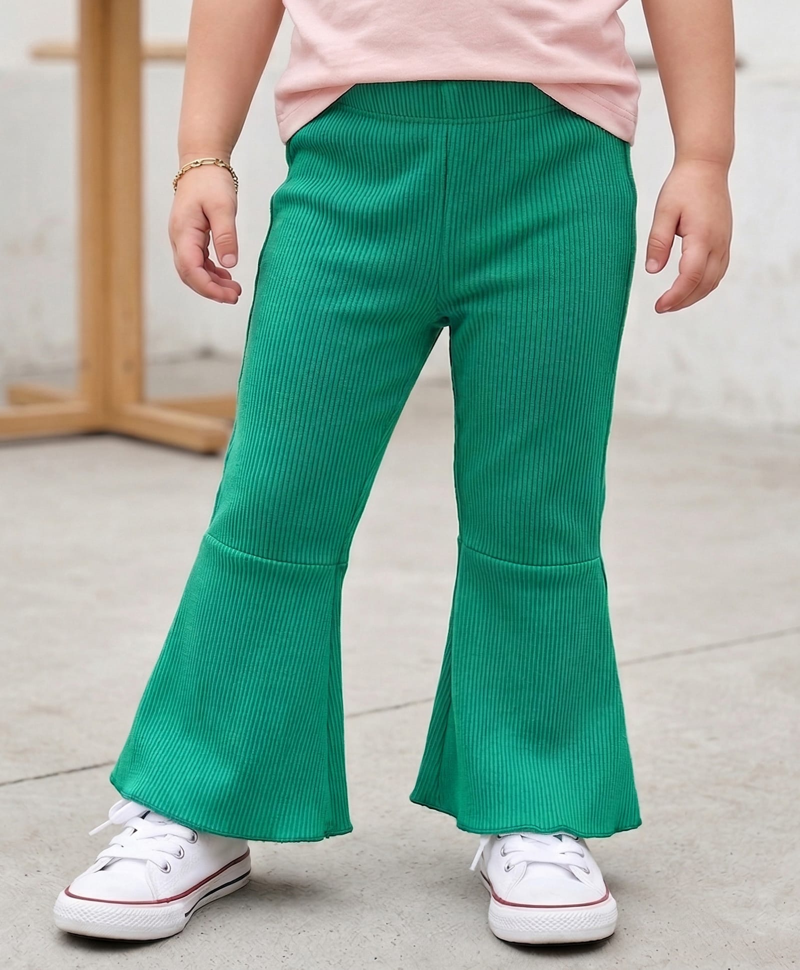 Kookie Kids Knit Full Length Solid Flared Pant With Rib & Drawstring - Green-image-40