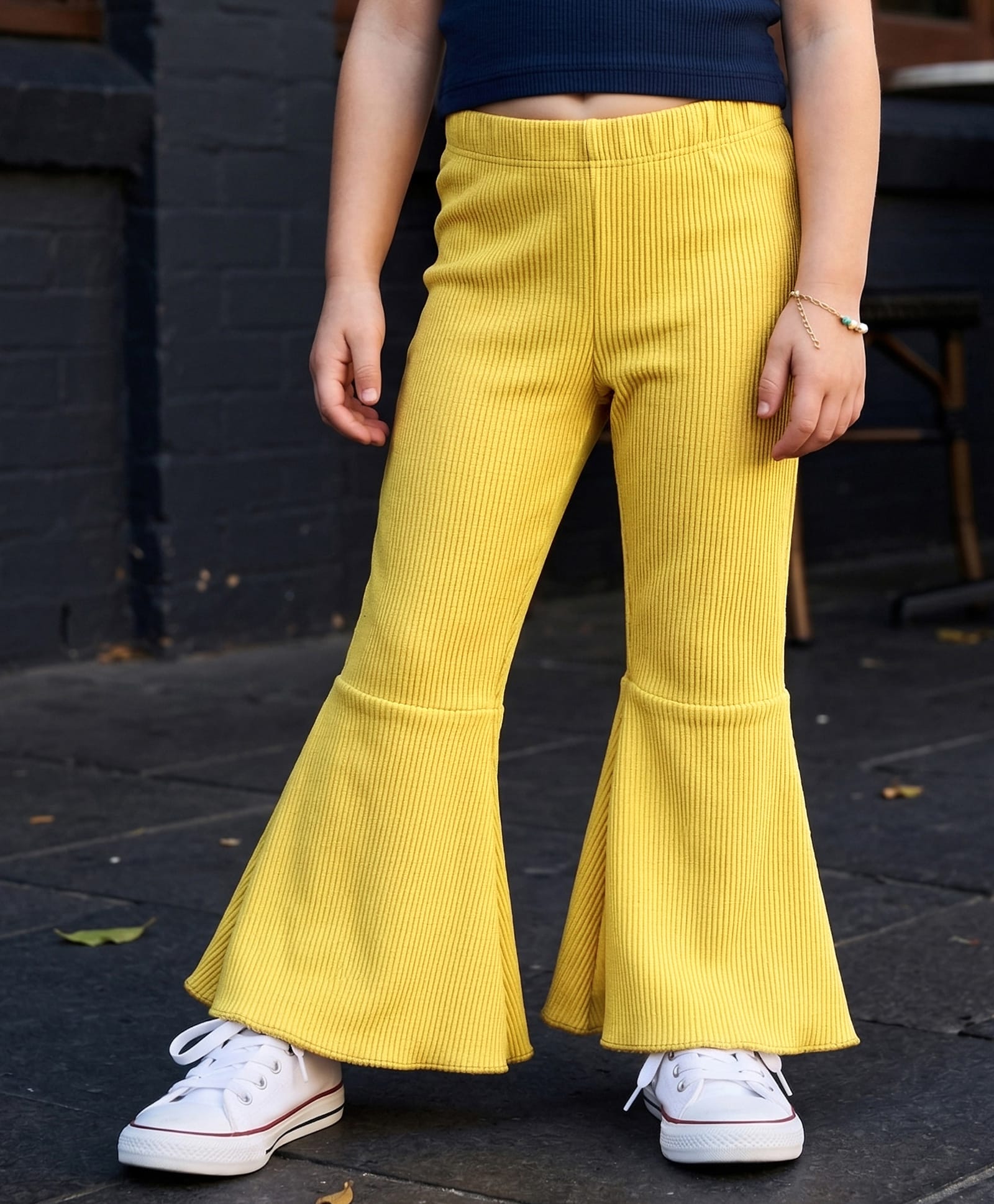 kookie kids india Kookie Kids Knit Full Length Solid Flared Pant With Rib & Stretch - Yellow-picture-14