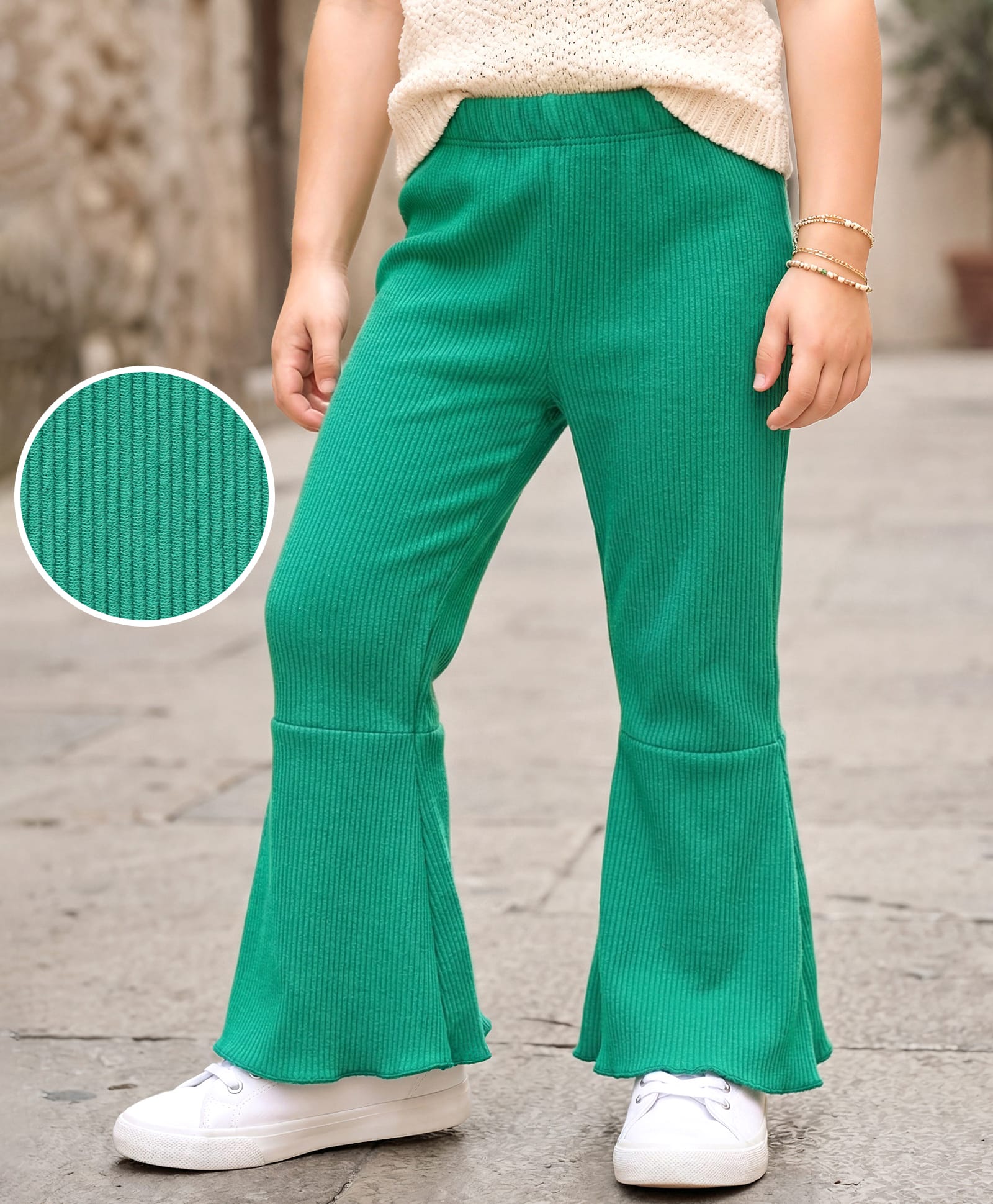 kookie kids india Kookie Kids Knit Full Length Wide Leg Solid Flared Pant With Rib & Stretch - Green-picture-14