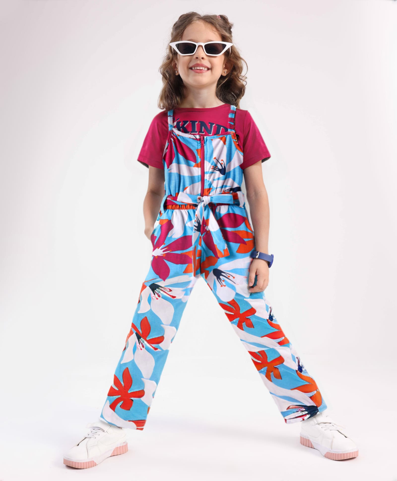 Ollington St. Cotton Printed Dungaree & Half Sleeves T-Shirt with Floral Print - Dark Pink & Blue-picture-11