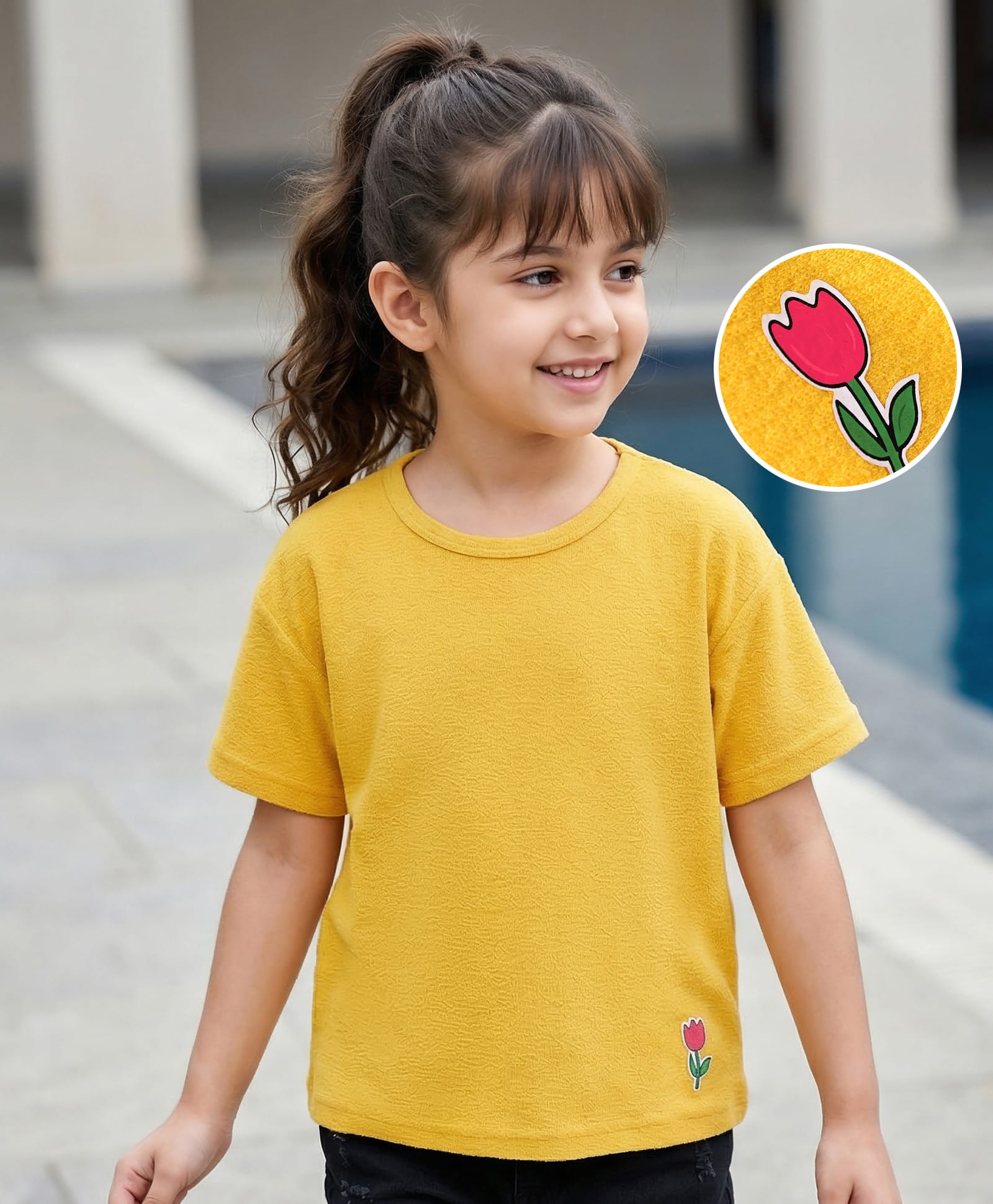 kookie kids india Kookie Kids Cotton Knit Half Sleeves Oversized T-Shirt with Floral Patch - Yellow-picture-12