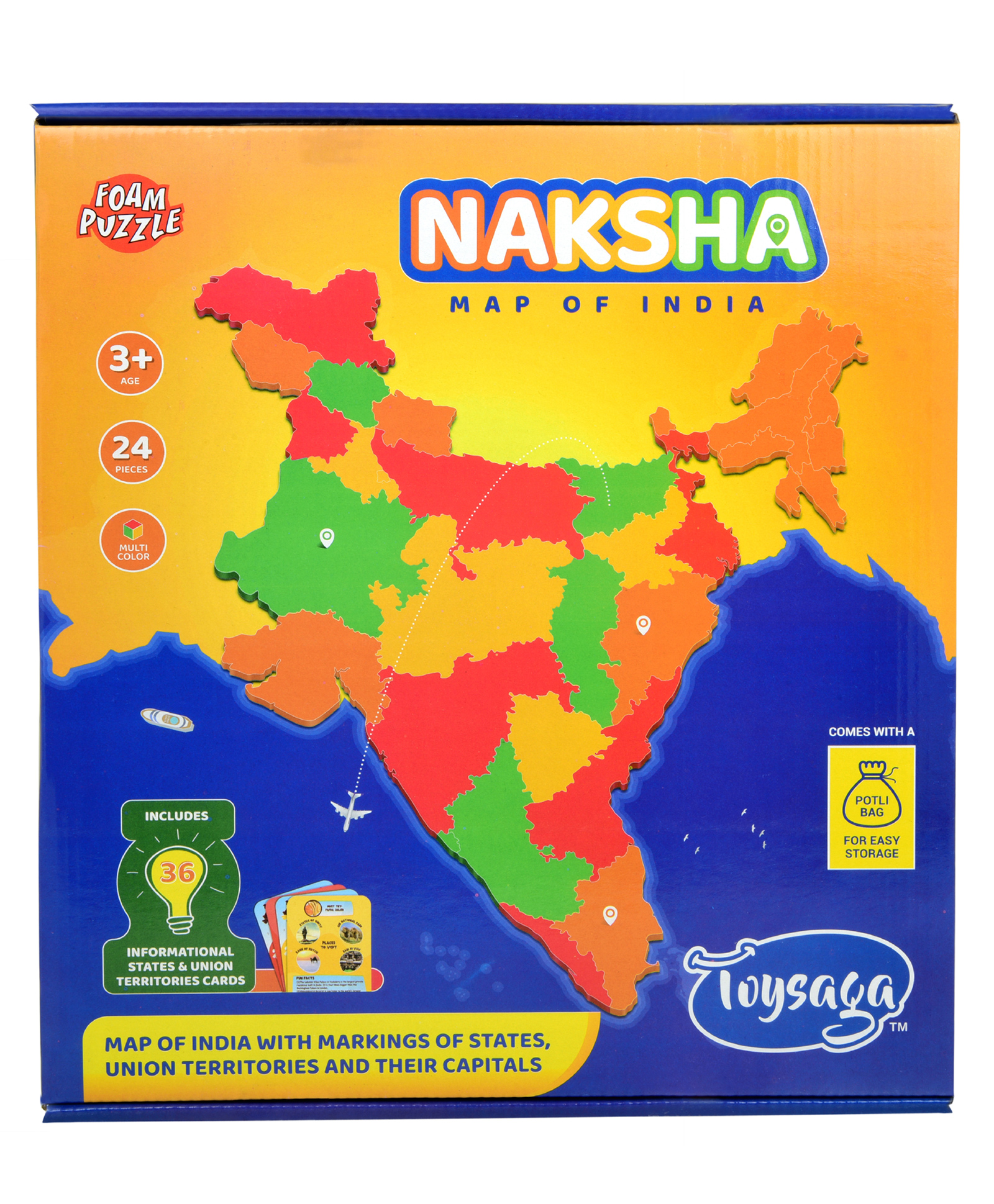 Toysaga Naksha| Map of India| 36 Informational States & UTS Trump Flash Cards| Quiz Game| India Map Foam Puzzle Jigsaw for Ages 3+| Kids Educational Learning Toy| Gift for Boys & Girls - 24 Pieces-image-34