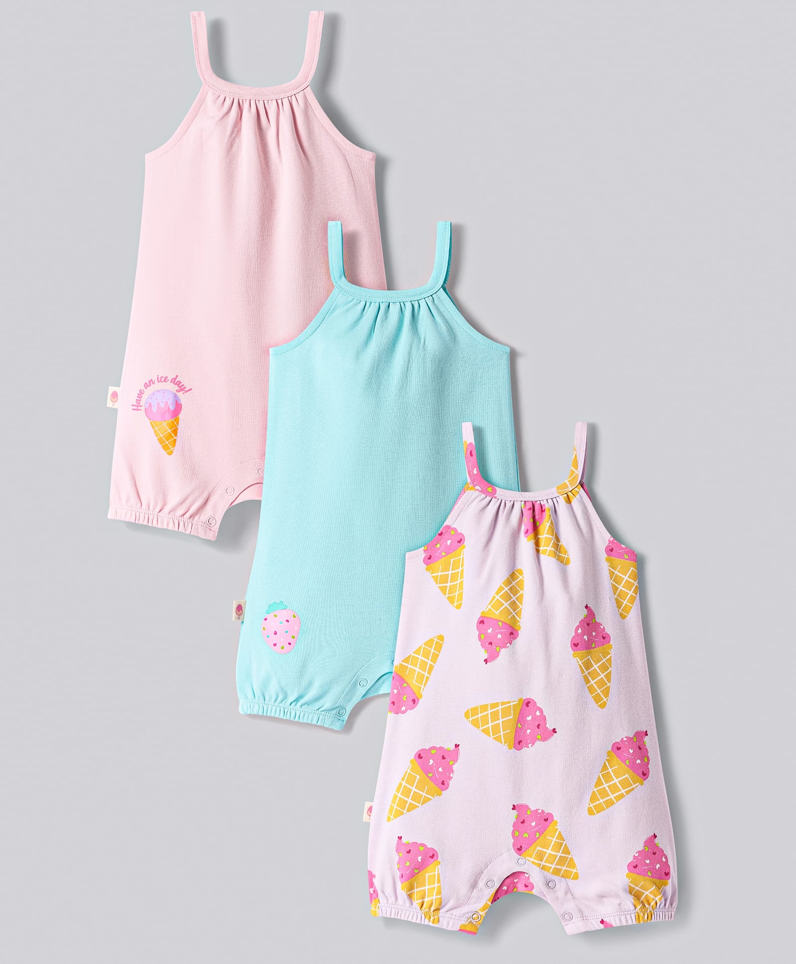 Bonfino 100% Cotton Knit Singlet Sleeves Rompers with Ice Cream Print Pack of 3 - Pink Blue & Lavender