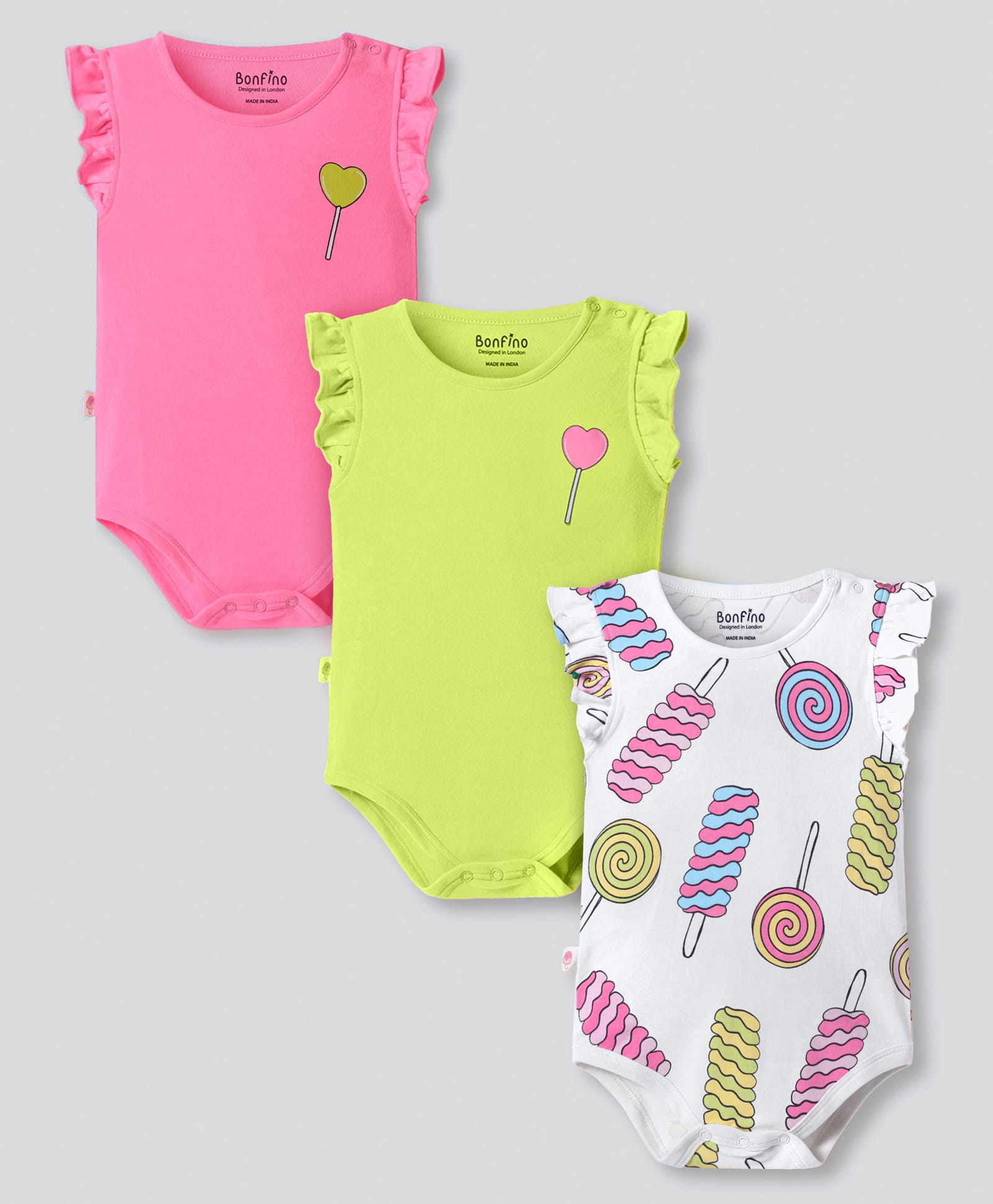 Bonfino 100% Cotton Knit Frill Sleeves Onesies With Candy Print Pack Of 3 - Pink, Off White & Green-image-21
