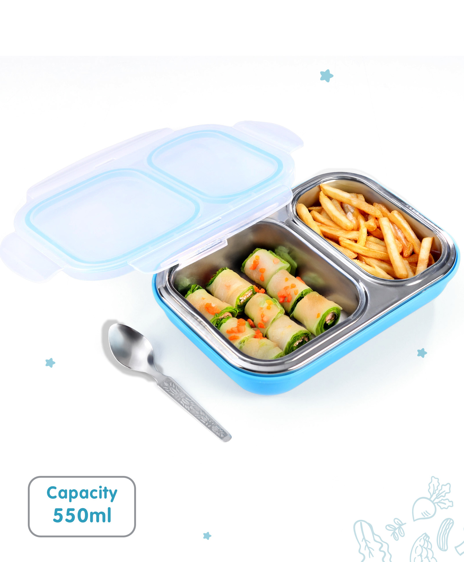 Unique King 2 Compartment Stainless Steel Insulated Lunch Box- Blue-image-21