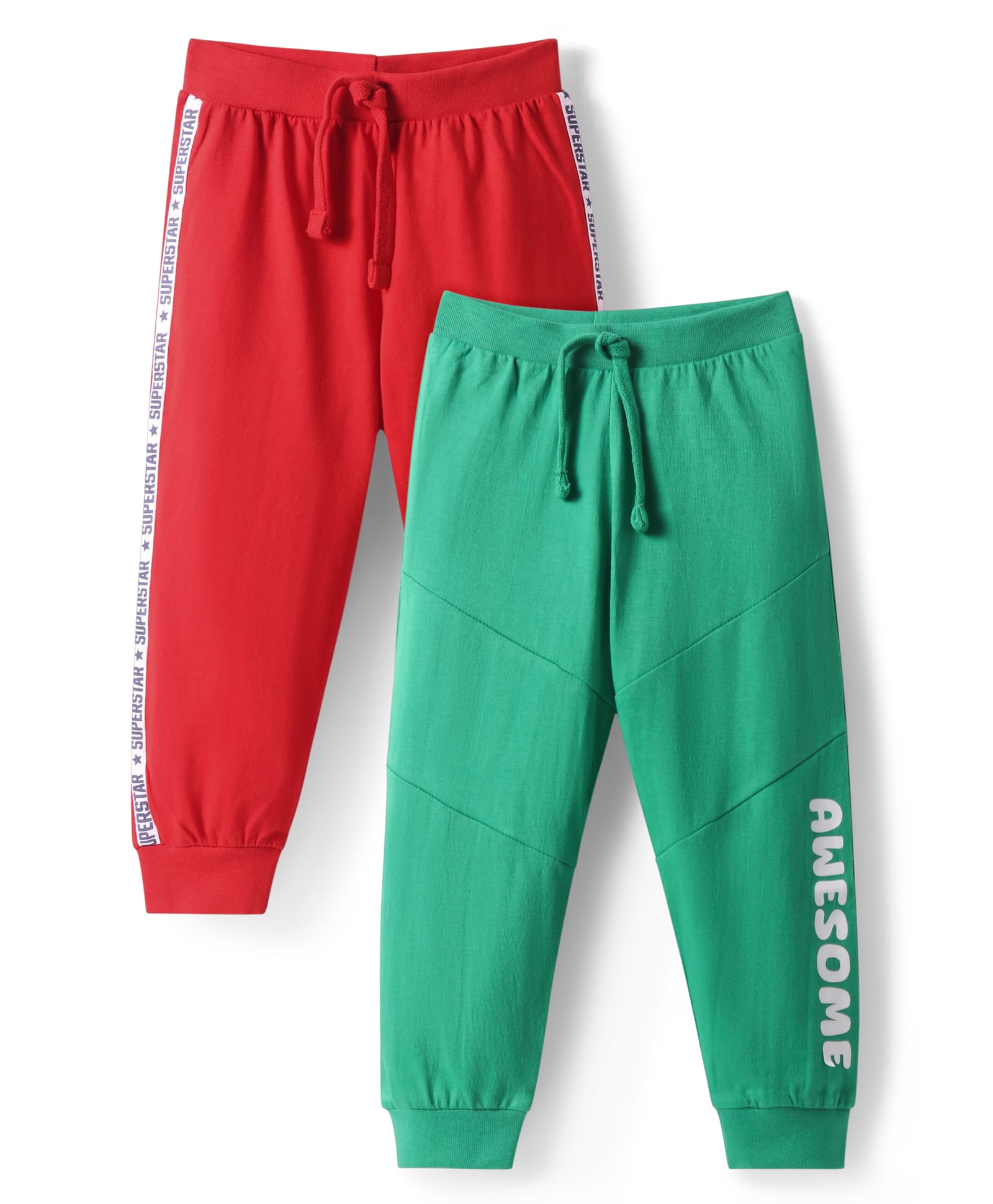 Babyhug Single Jersey Knit Cut & Sew Lounge Pants With Awesome & Superstar Text Print Pack Of 2 - Green & Red-image-37