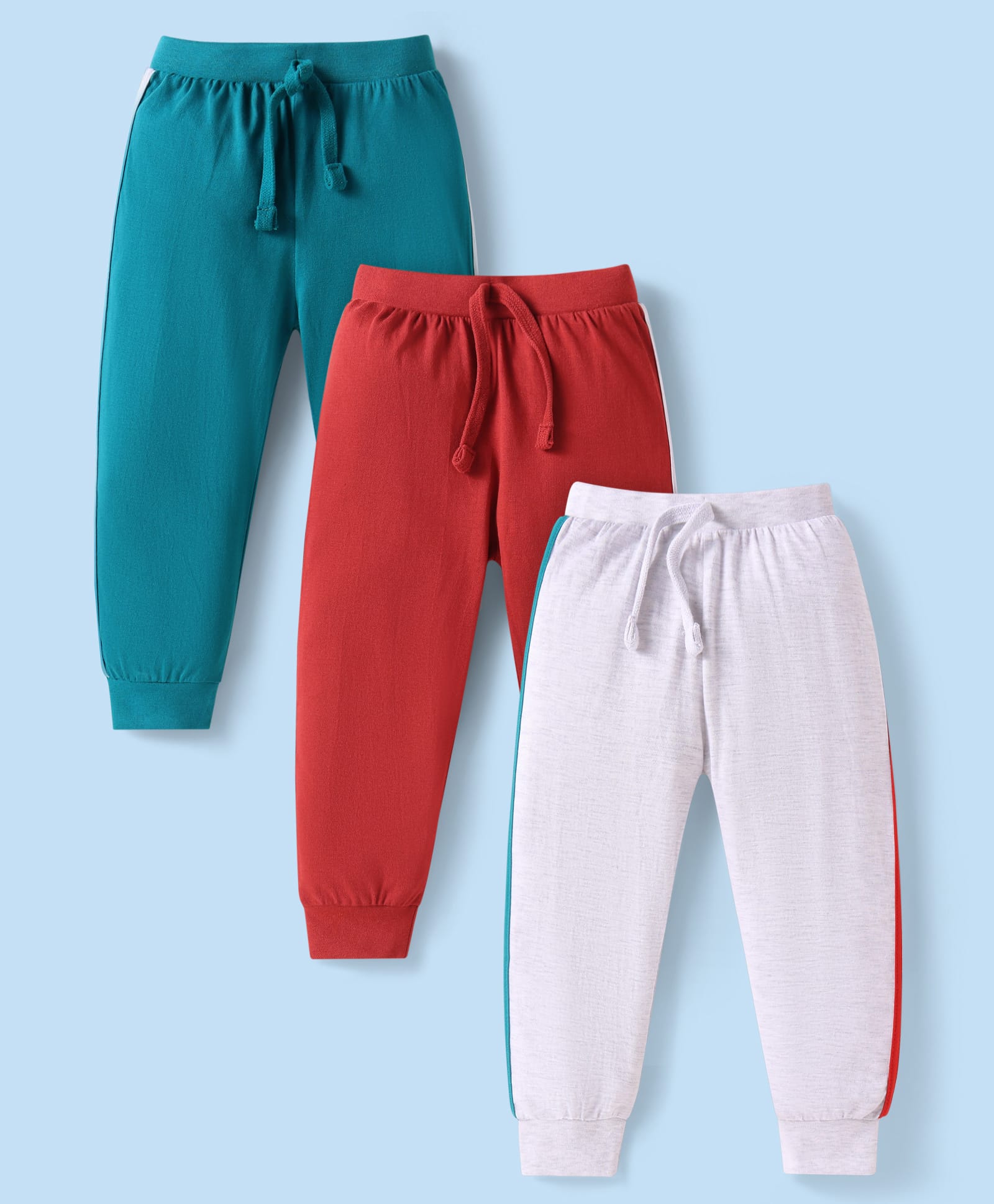 Babyhug Single Jersey Knit Full Length Taped Lounge Pants Pack of 3 - Dark Green Grey & Red-picture-12
