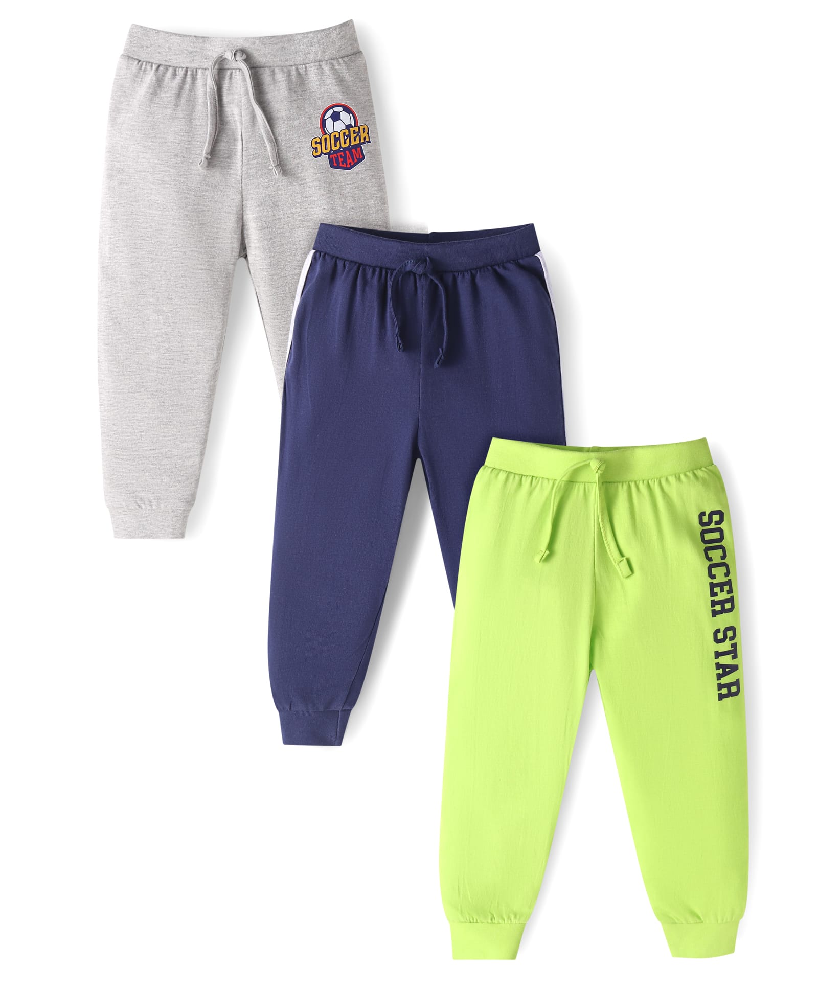 Babyhug Single Jersey Full Length Track Pants with Soccer Star Print Pack of 3 - Navy Blue Grey & Neon Green-image-17