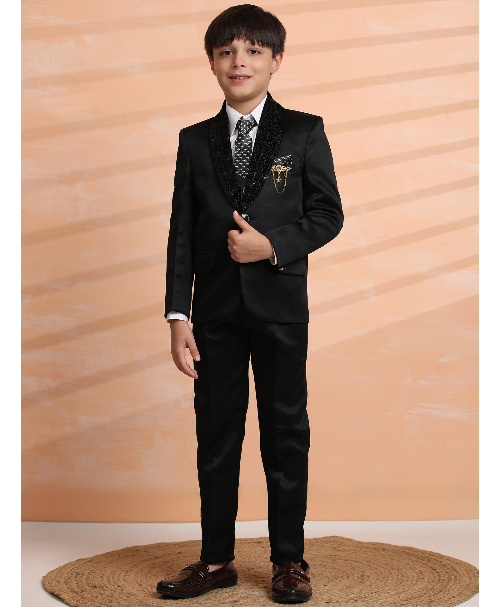 P-MARK Full Sleeves Solid Shirt With Waistcoat Sequin Embellished Blazer Pant & Tie Set - Black-image-16