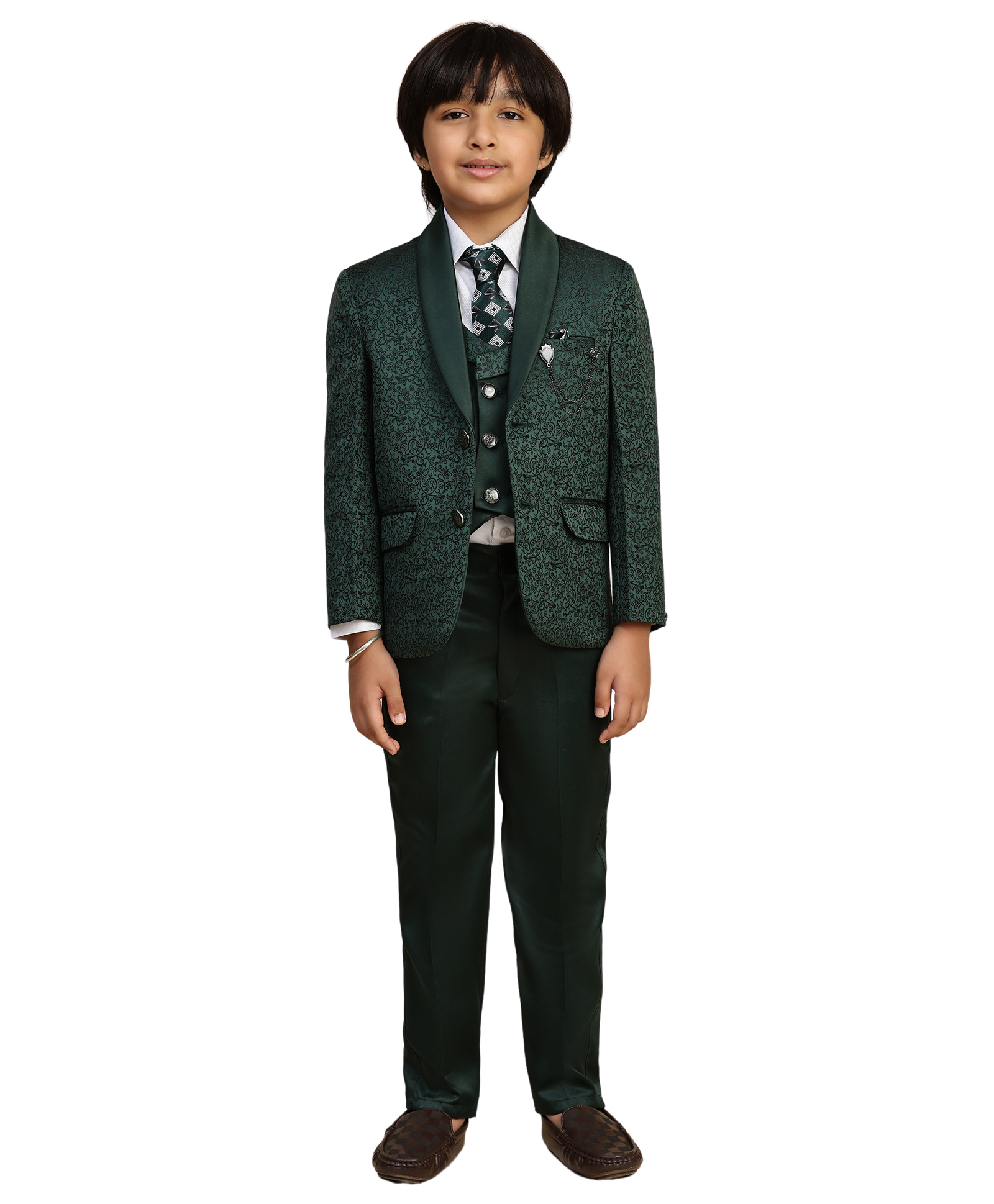P-MARK Full Sleeves Solid Shirt With Waistcoat Textured Blazer Pant & Tie Set - Dark Green-image-15