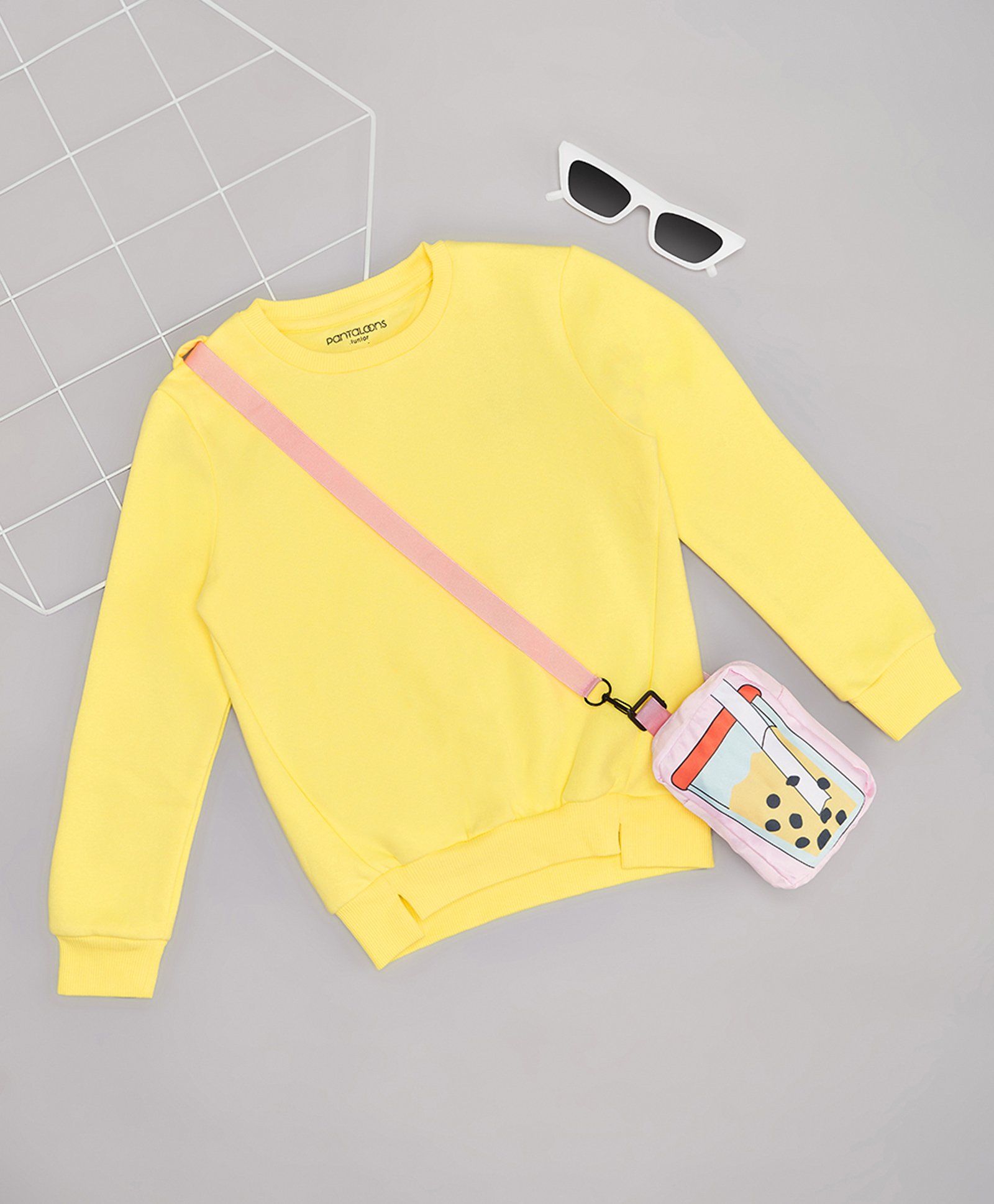 Pantaloons Junior Full Sleeves Solid Sweatshirt With Boba Tea Designed Fanny Bag - Yellow-picture-18