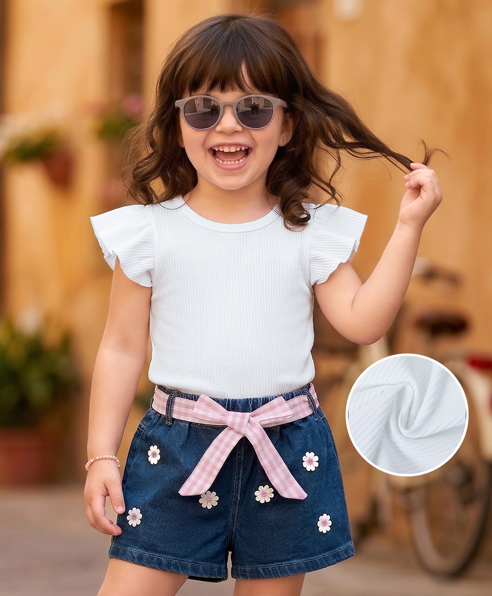 Mark & Mia Frill Sleeves Ribbed Top & Denim Shorts Set With Floral & Bow Applique - White & Navy Blue-picture-17