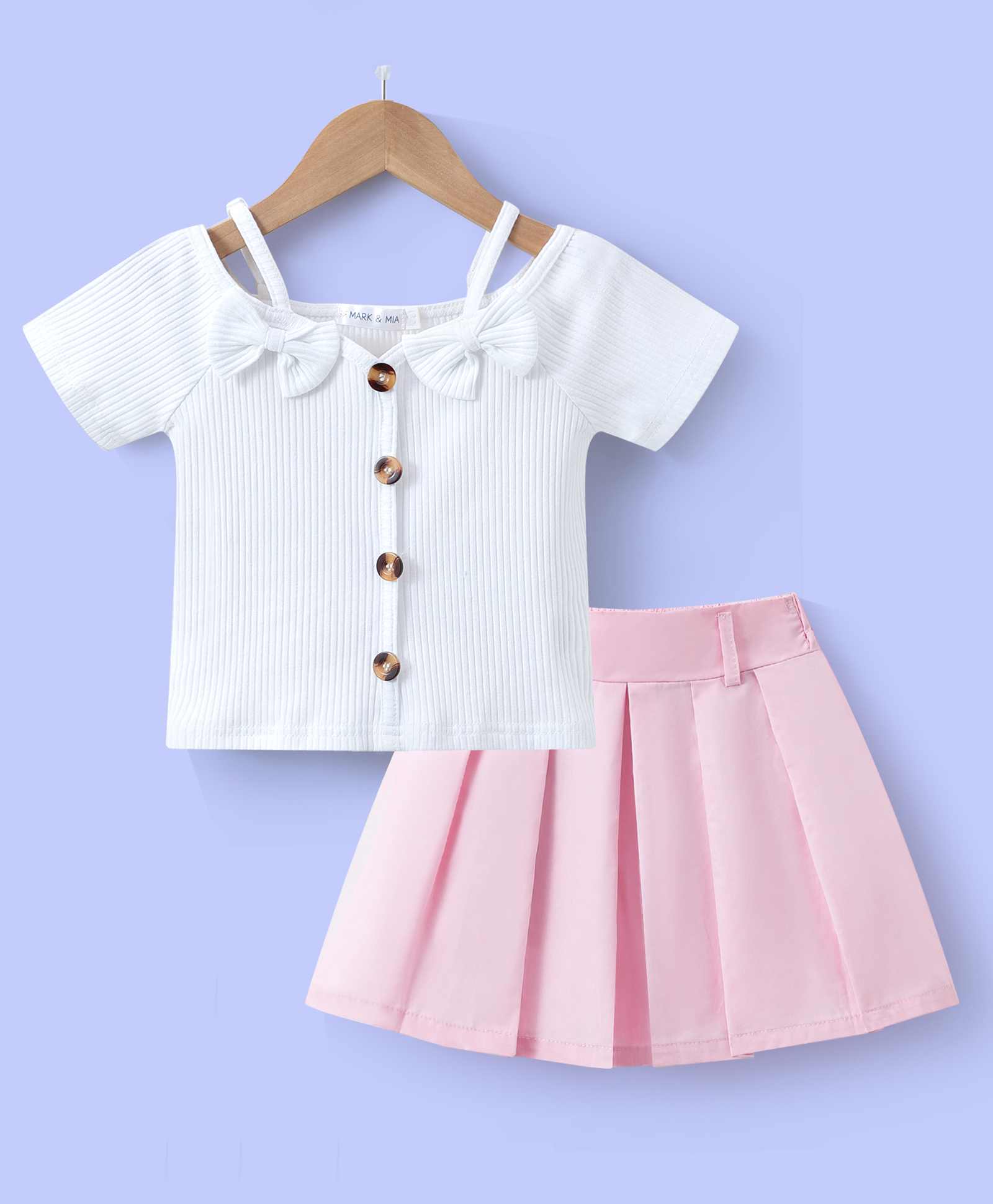 Mark & Mia Cotton Half Sleeves Top & Skirt Set with Bow Applique - Pink & White-picture-18