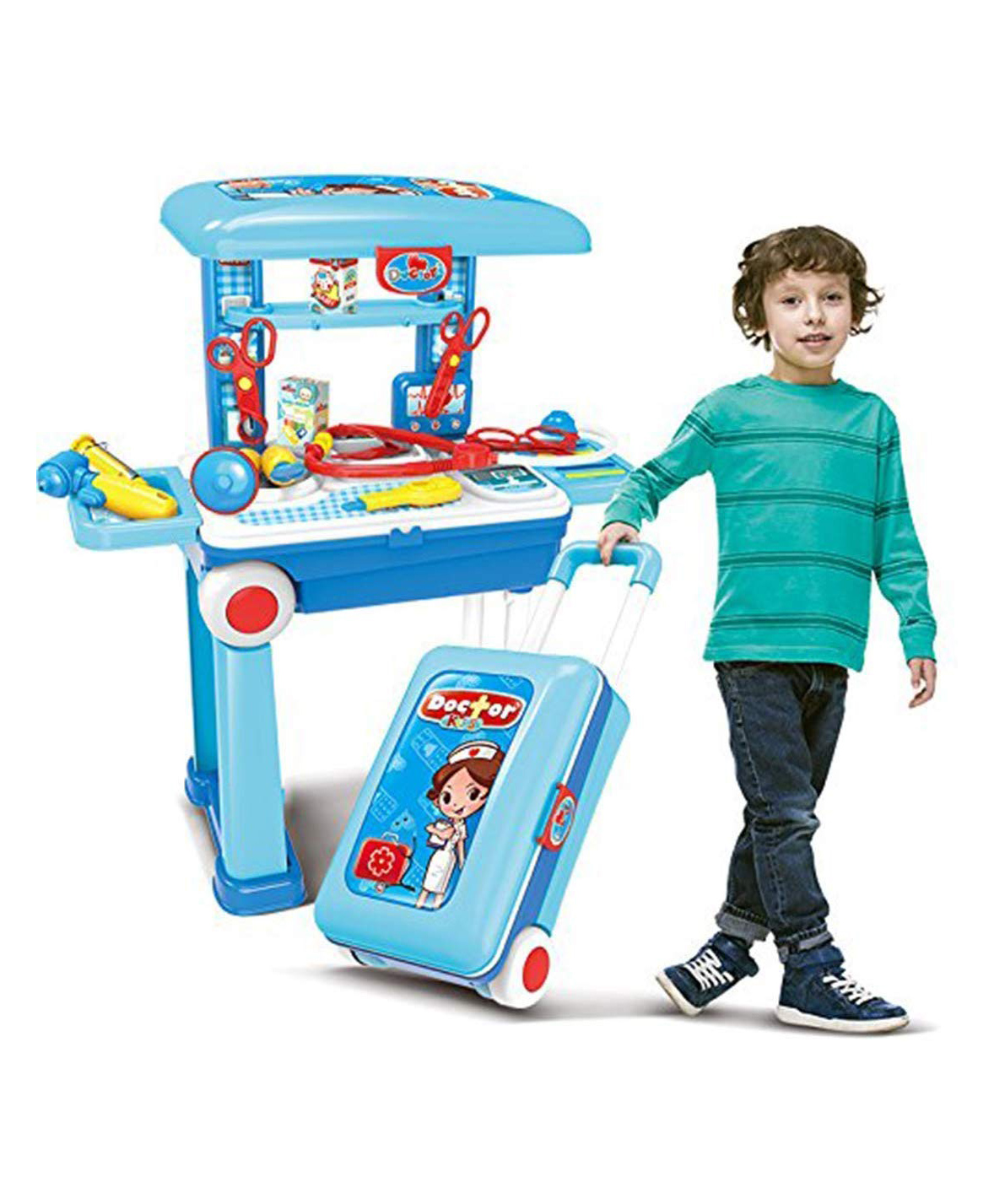 AKN TOYS Little Doctor Playset Case Workbench 2 in 1 Doctor Nurse Medical Box with Suitcase Trolley Blue ( Color May Vary)-picture-18