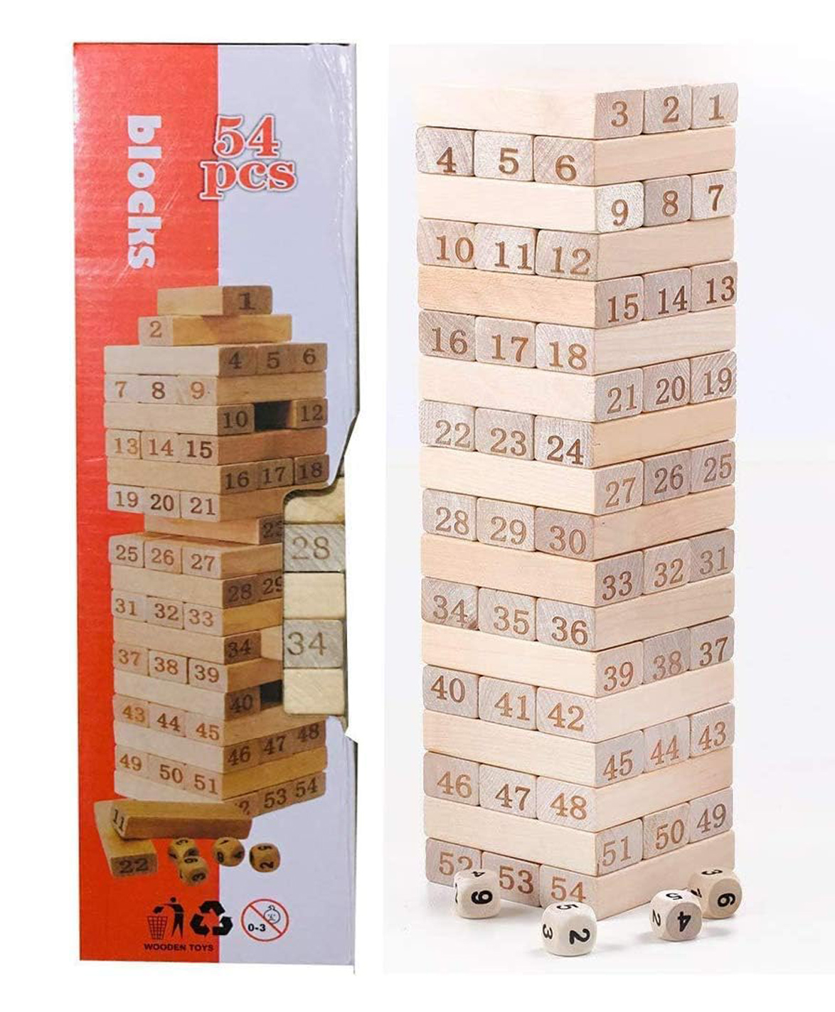 AKN TOYS Wooden Building Blocks Puzzle 54 Pcs Challenging 4pcs Dice Wooden Blocks Stacking Game Maths,Tumbling Tower 54 Pcs with 4 Dices Game for Adults & Kids. ( Color May Vary)-picture-24