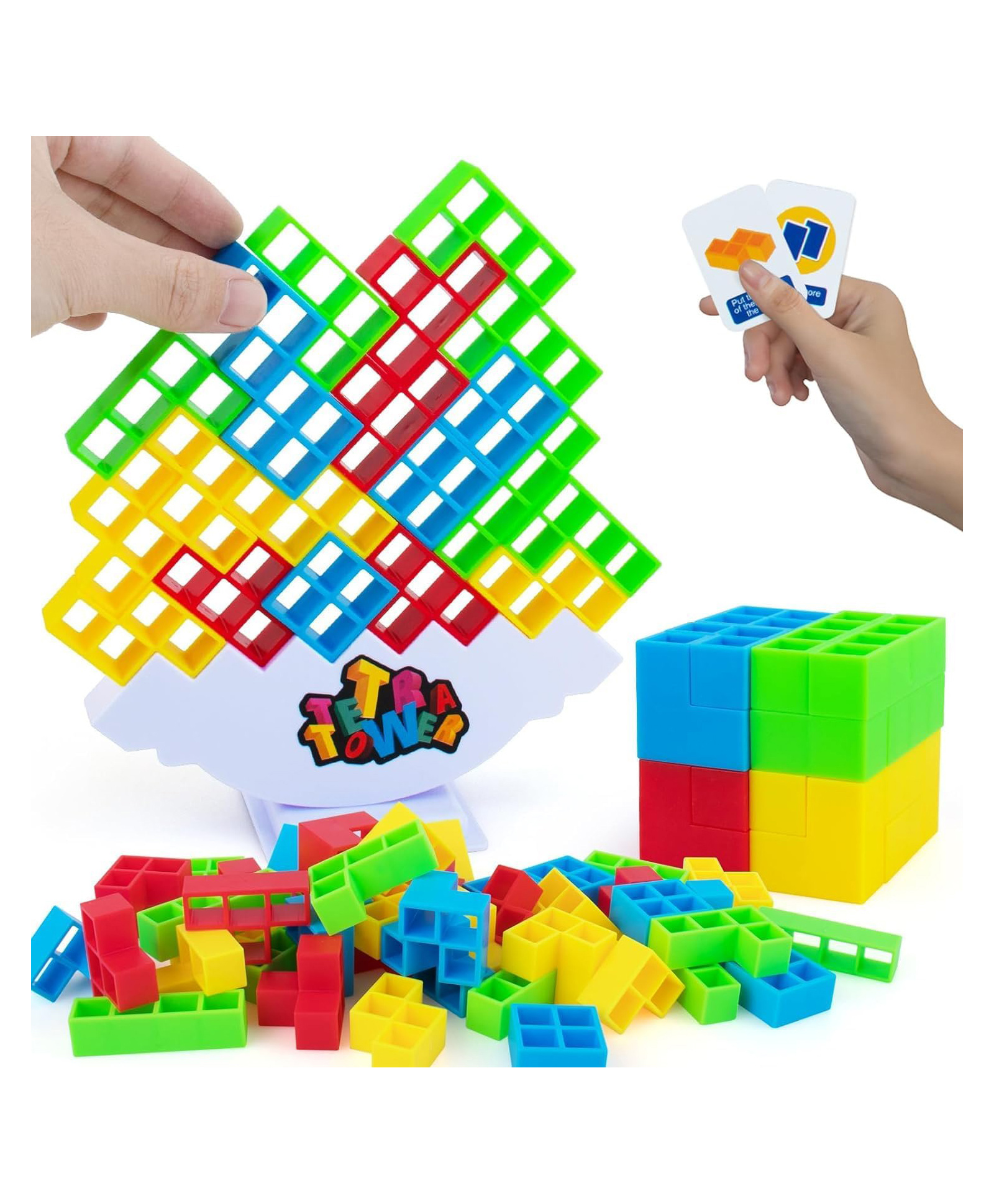 AKN TOYS Tetra Tower Game 32 Pcs (4 Different Shapes) Stack Tower Blocks with 22 Cards, Swing Stack Balance Building Block Interactive STEM Toy ( Color May Vary)-picture-45