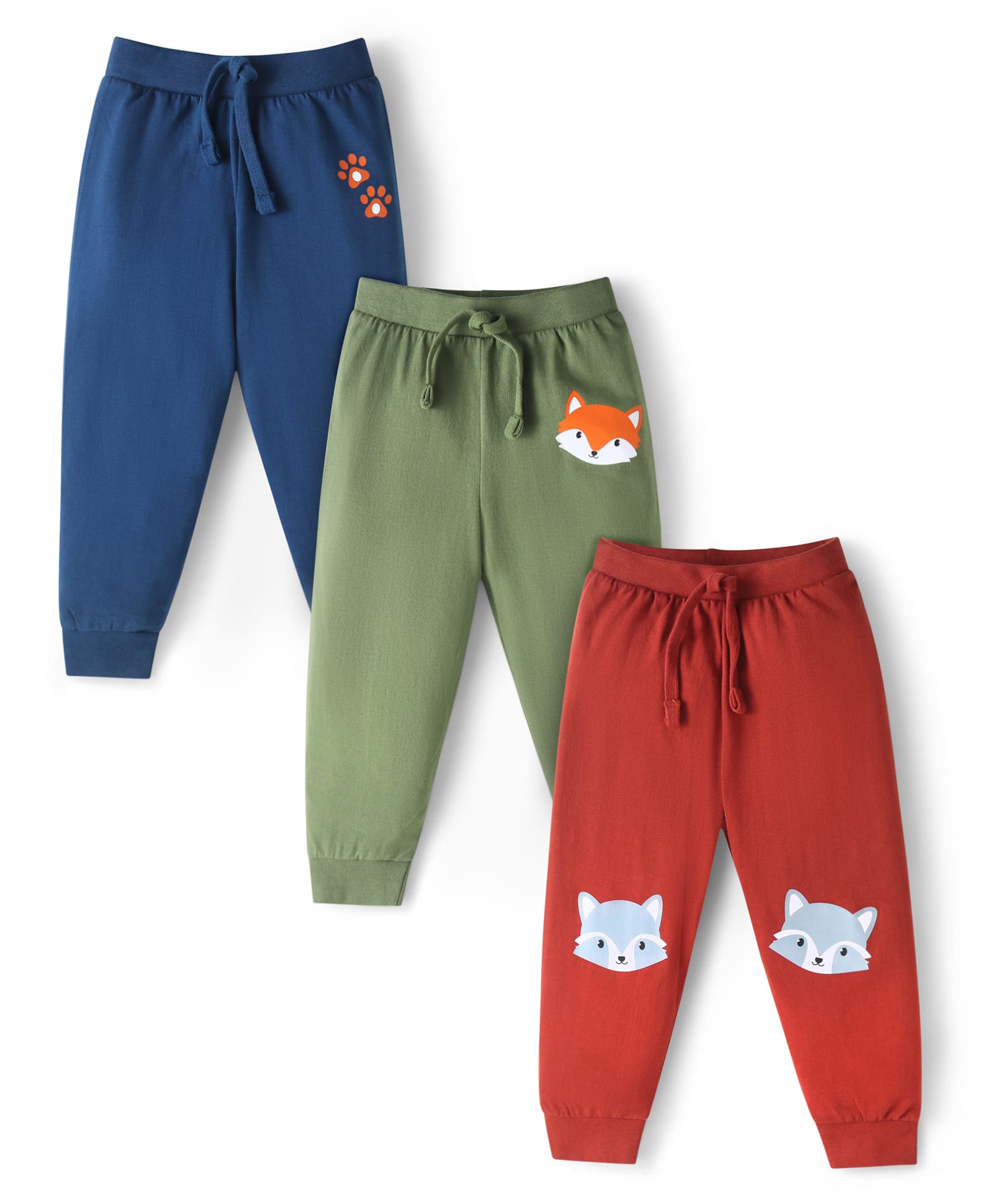 Babyhug Single Jersey Knit Full Length Lounge Pants with Fox Print Pack of 3 - Blue Olive Green & Red-picture-36