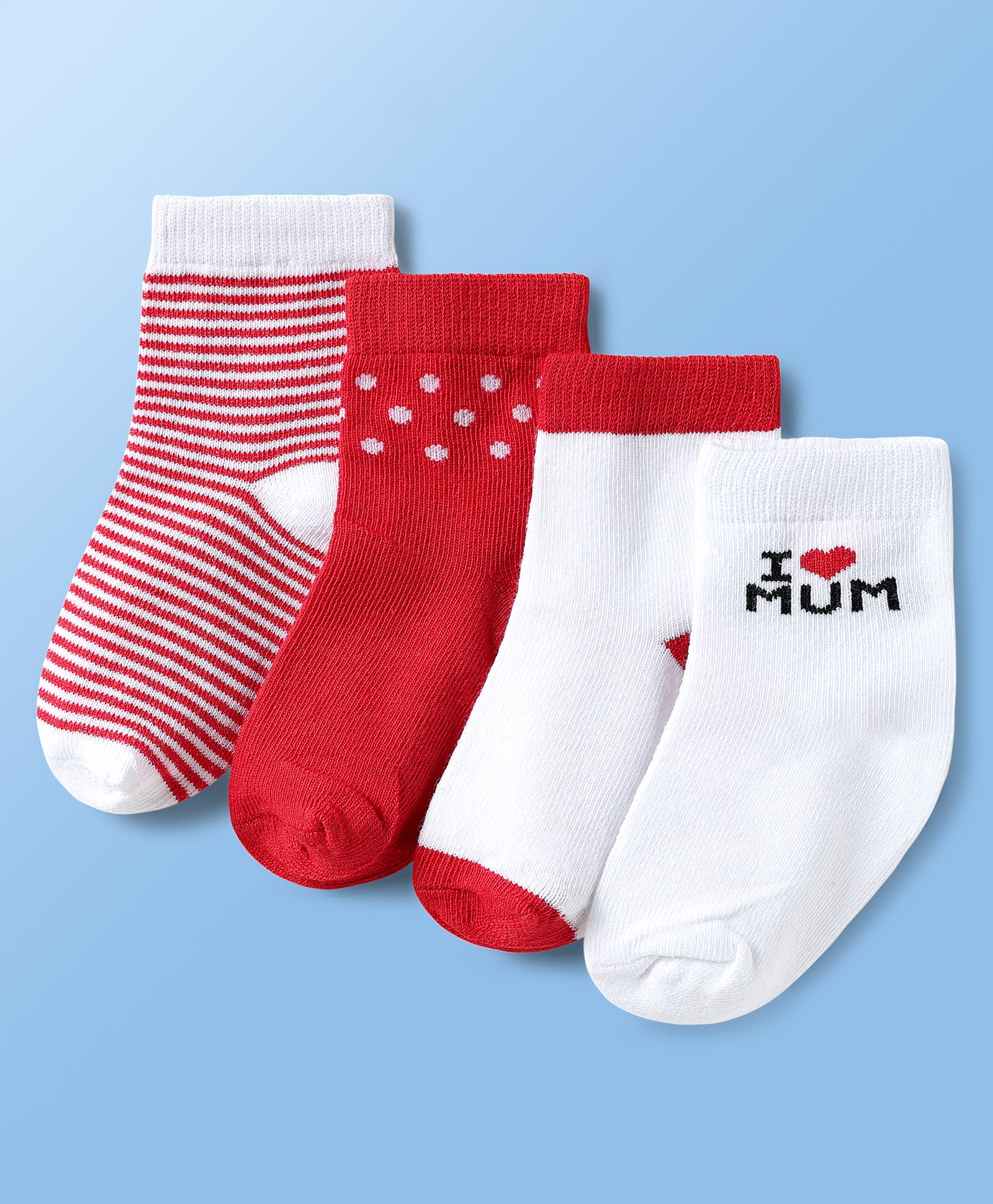 Doodle Poodle Cotton Knit Ankle Length I Love Mum & Stripe Designed Socks Pack of 4 - Red & White-picture-22