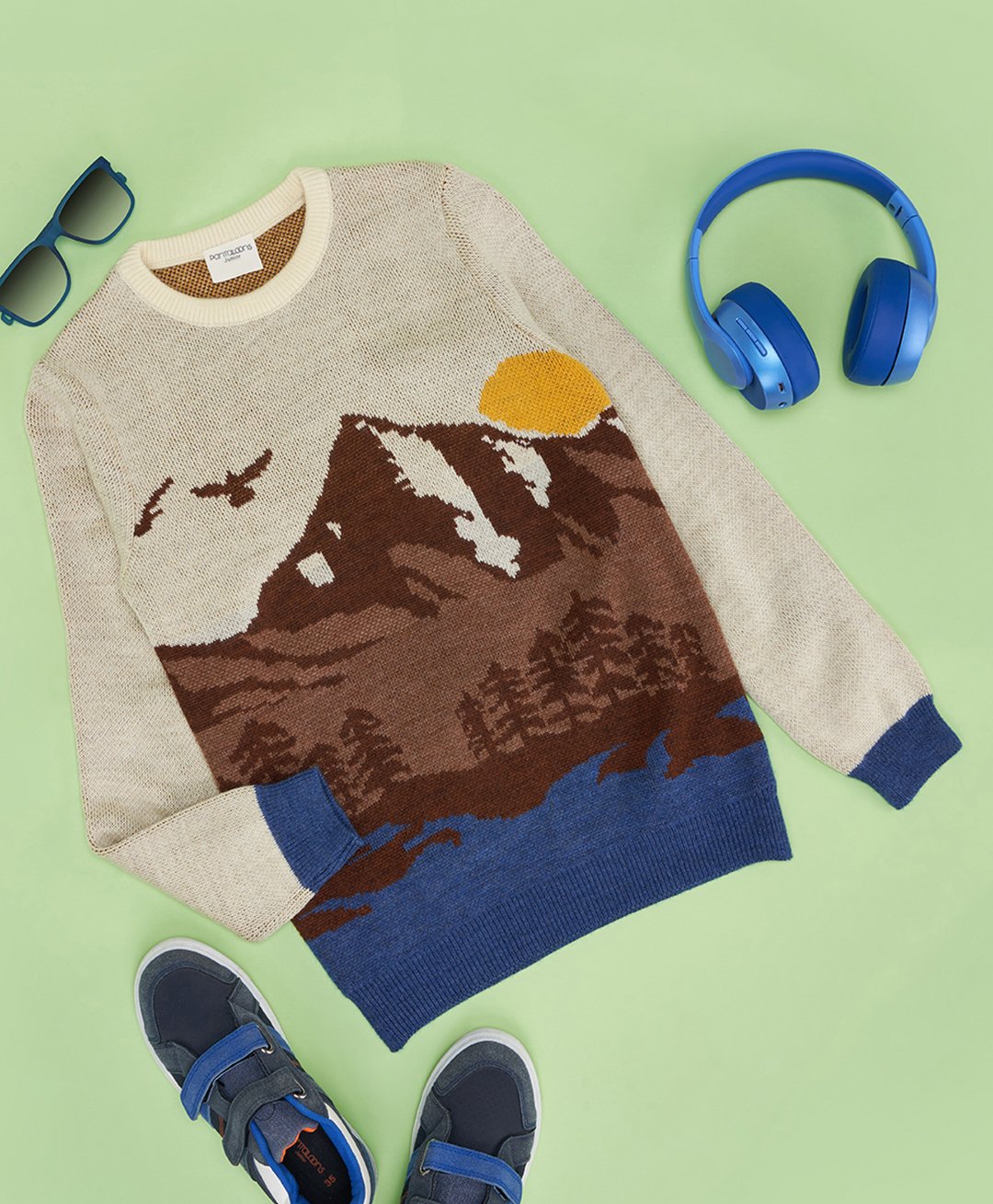 Pantaloons Junior Full Sleeves Mountain Theme Designed Sweater - Cream-image-1