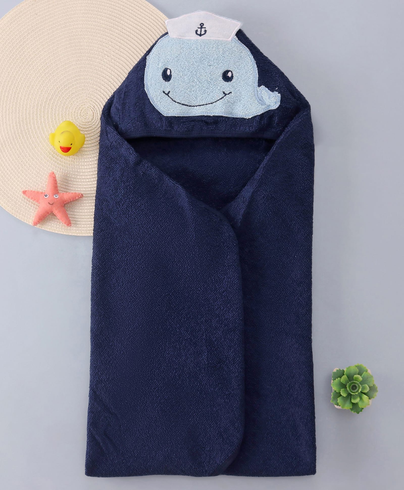 Babyhug Terry Woven Hooded Wrapper with Dolphin EmbroideryL 76.2 x B 76.2 cm - Navy Blue-picture-12