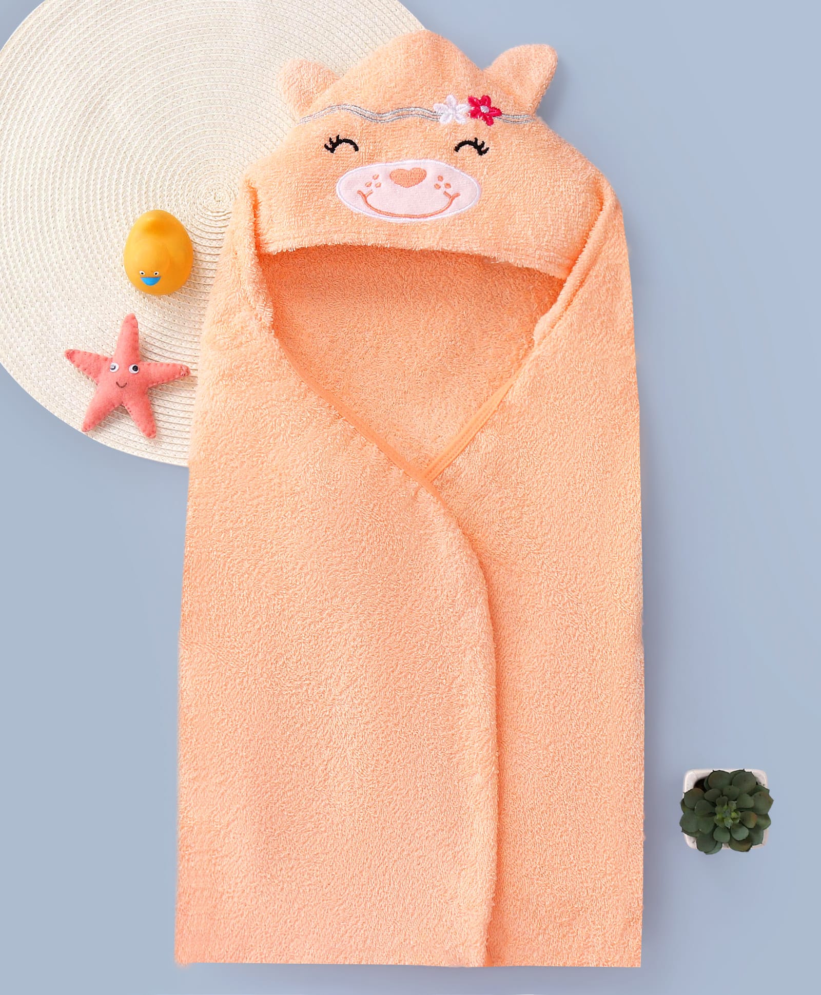 Babyhug Cotton Knit Hooded Wrapper With Animal Embroidery & Ear Applique L 76 x B 76 cm - Peach-image-25