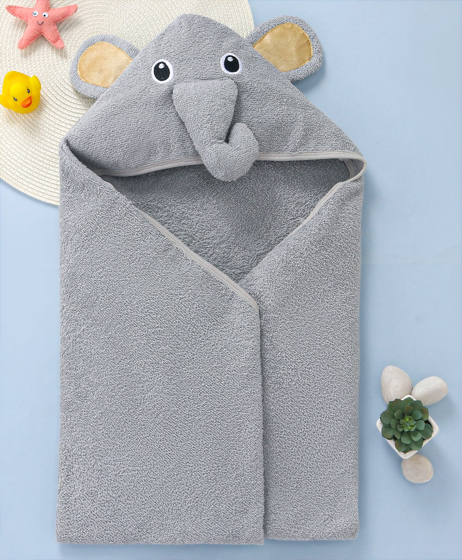 Babyhug Terry Woven Hooded Towel with Elephant Applique L 76.2 x B 76.2 cm - Grey-image-27