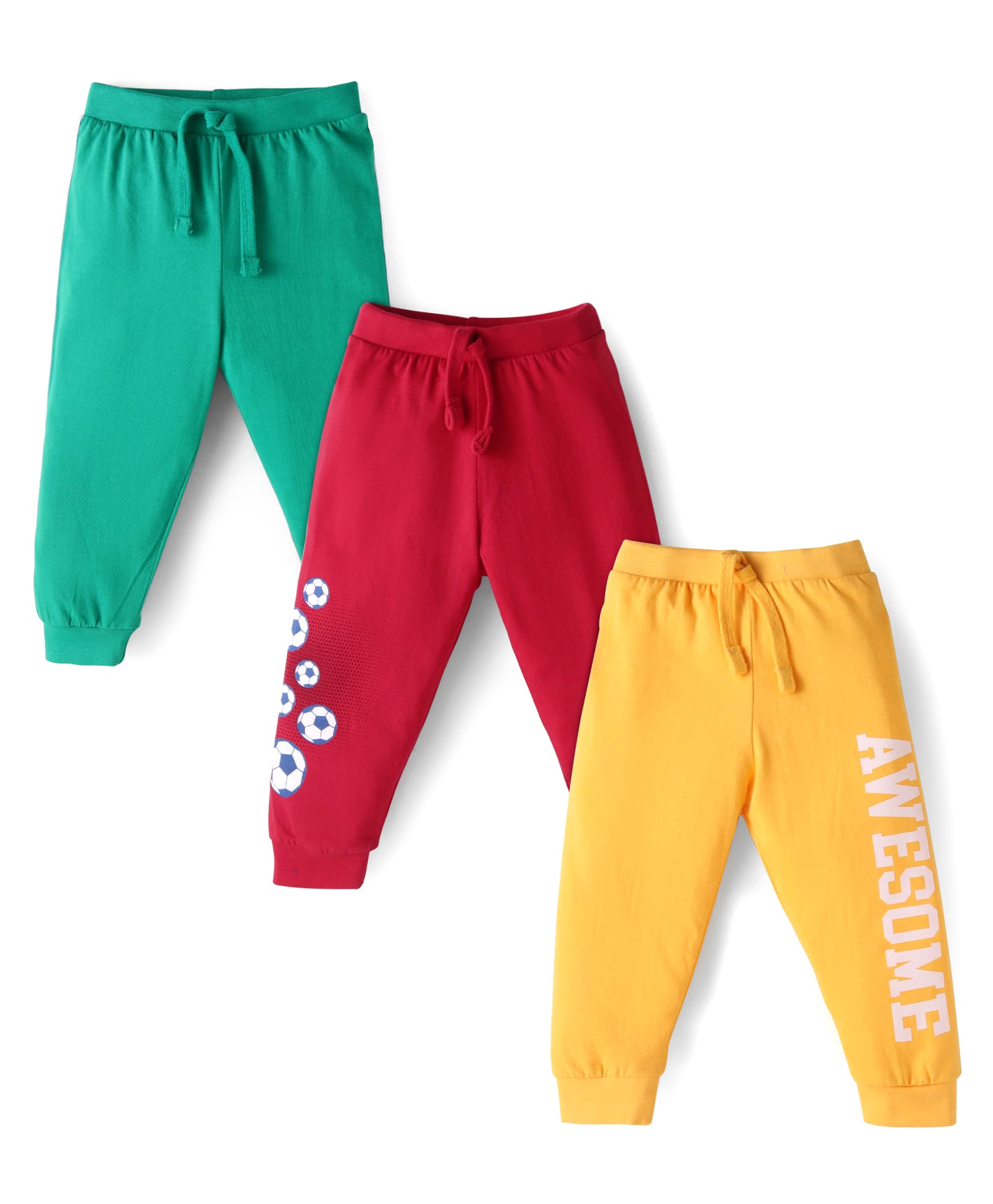 Babyhug Single Jersey Full Length Track Pant with Football Print Pack of 3 - Green Red & Yellow-image-38