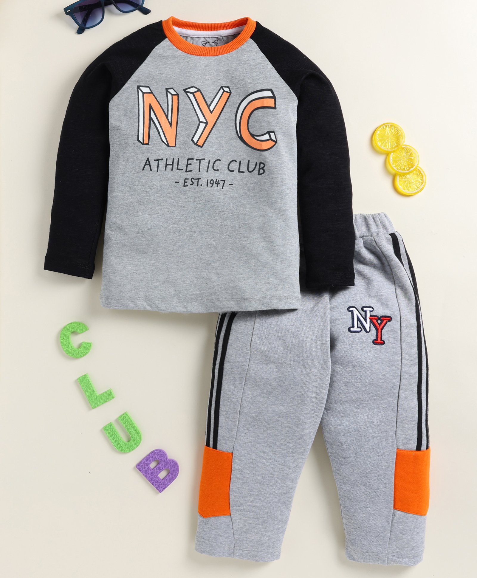 Little Marine Cotton Knit Full Raglan Sleeves NYC Text Printed Tee & Pajama Set - Grey & Black-picture-41